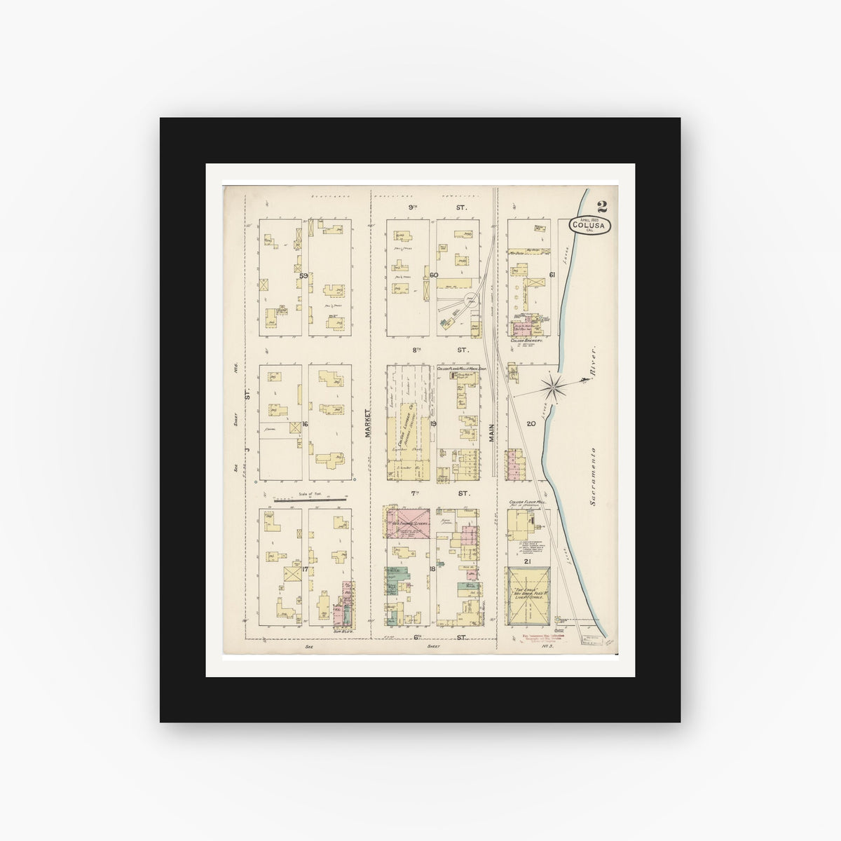 Old map wall art mockup — black gallery frame with white mat — Sanborn Fire Insurance Map from Colusa, Colusa County, California (1889), Sheet #0002