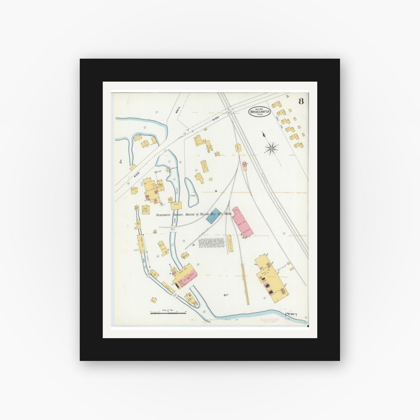 Old map wall art mockup — black gallery frame with white mat — Sanborn Fire Insurance Map from Bridgewater, Plymouth County, Massachusetts (1906), Sheet #0008