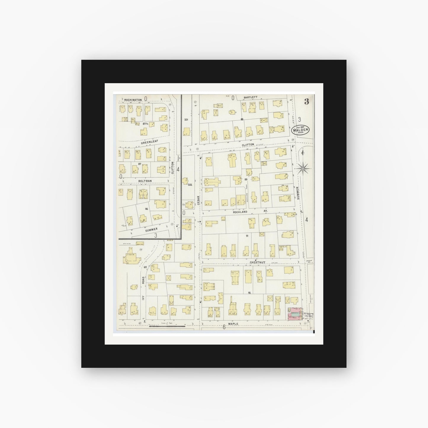 Old map wall art mockup — black gallery frame with white mat — Sanborn Fire Insurance Map from Malden, Middlesex County, Massachusetts (1897), Sheet #0003