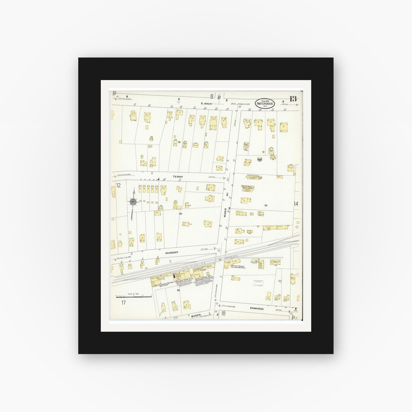 Old map wall art mockup — black gallery frame with white mat — Sanborn Fire Insurance Map from Patchogue, Suffolk County, New York (1910), Sheet #0013
