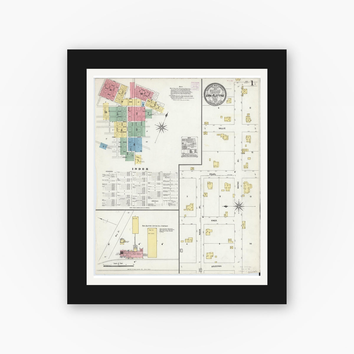 Old map wall art mockup — black gallery frame with white mat — Sanborn Fire Insurance Map from Van Alstyne, Grayson County, Texas (1907), Sheet #0001