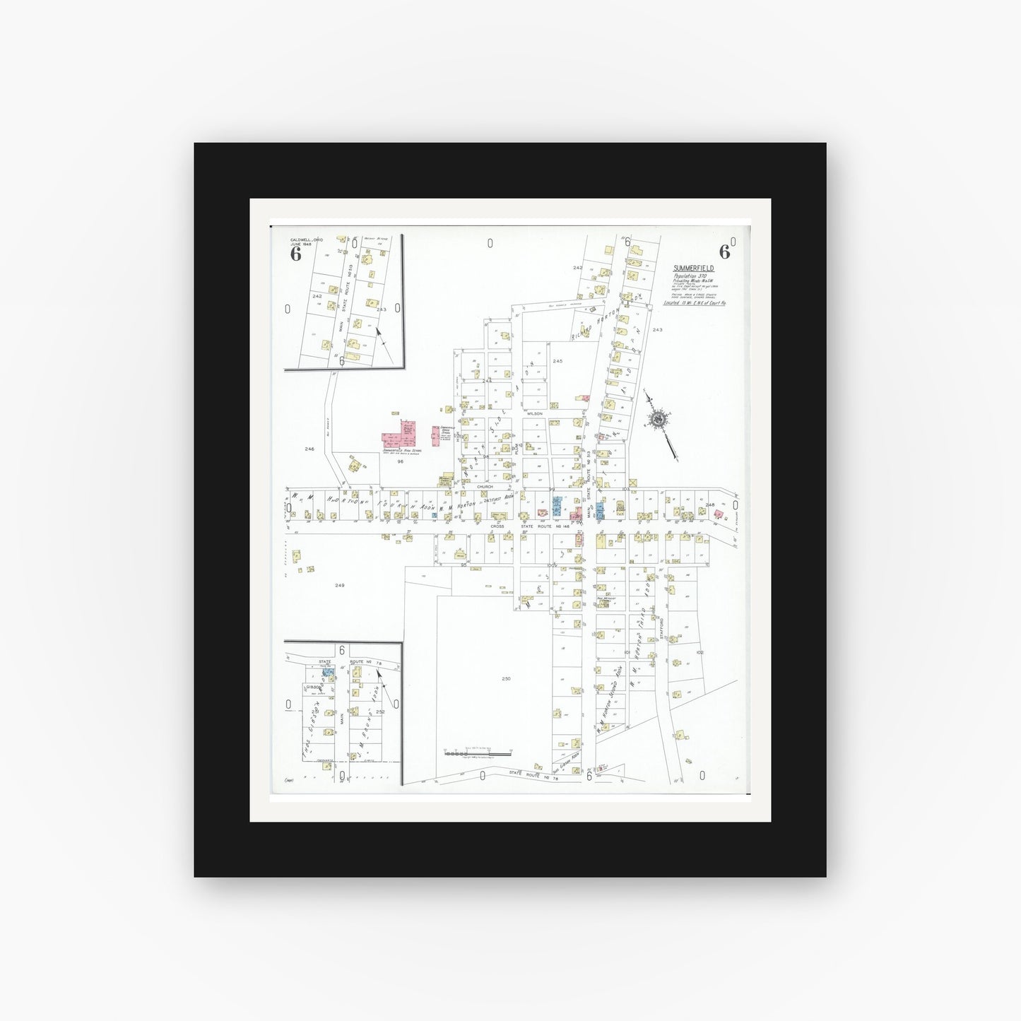 Old map wall art mockup — black gallery frame with white mat — Sanborn Fire Insurance Map from Caldwell, Noble County, Ohio (1948), Sheet #0006