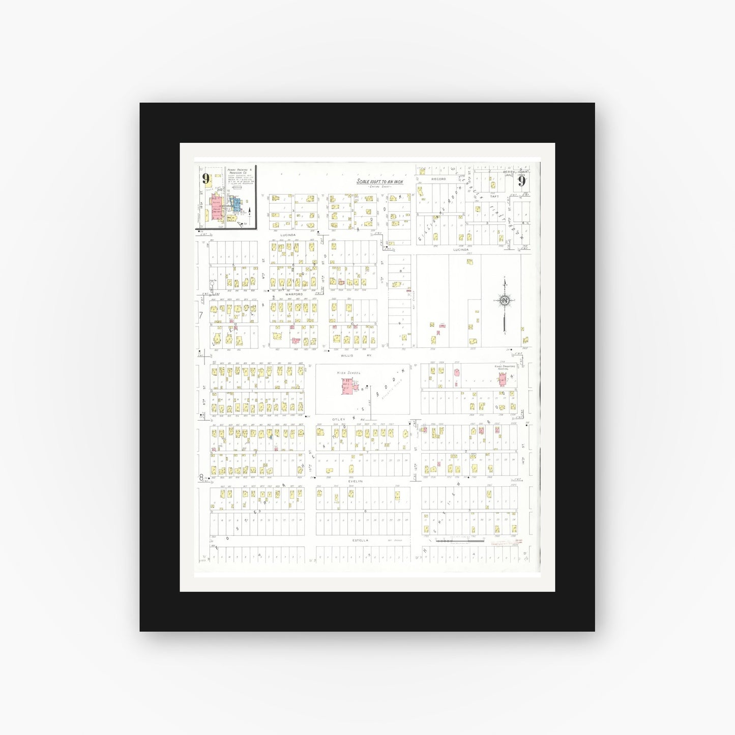 Old map wall art mockup β black gallery frame with white mat β Sanborn Fire Insurance Map from Perry, Dallas County, Iowa (1933), Sheet #0009