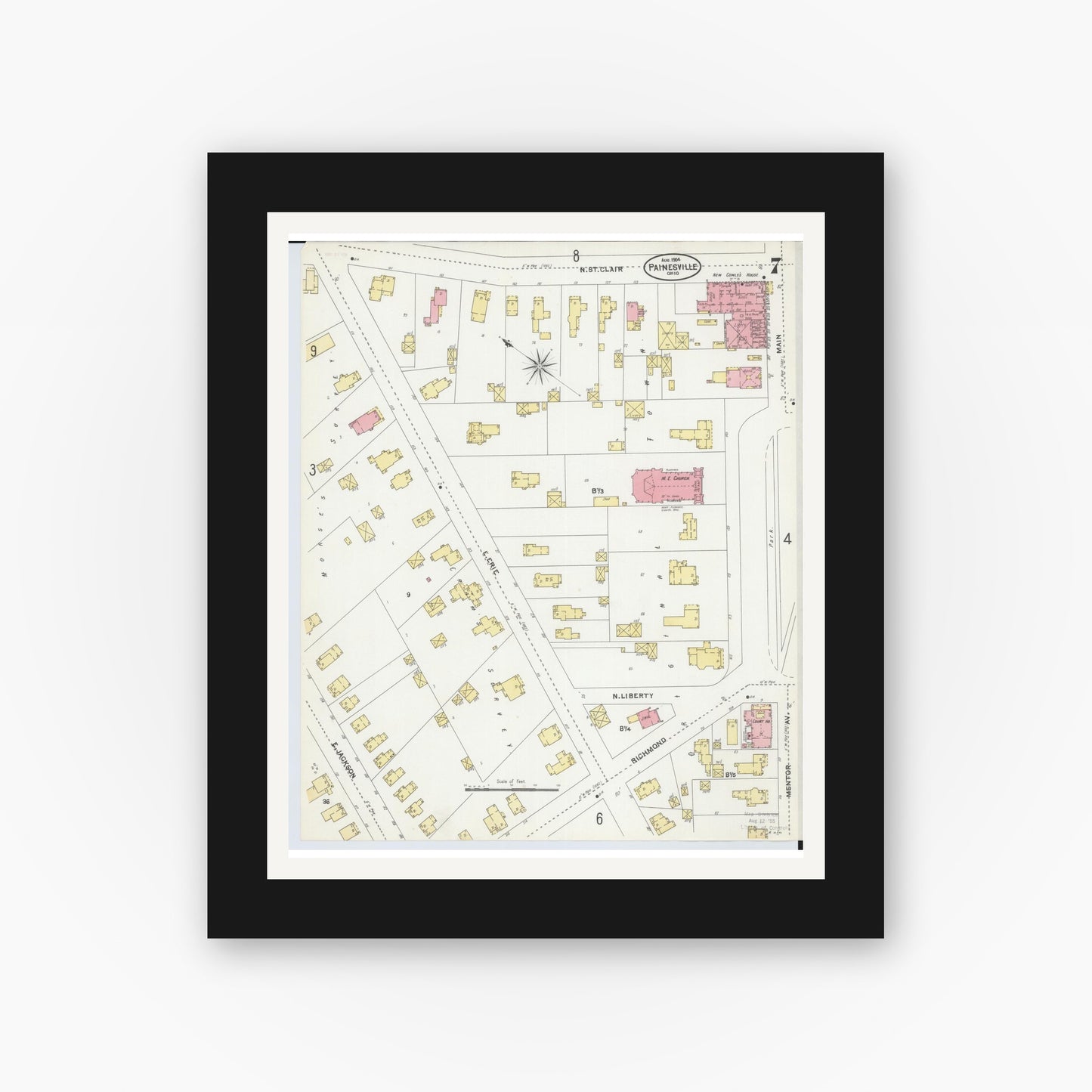 Old map wall art mockup — black gallery frame with white mat — Sanborn Fire Insurance Map from Painesville, Lake County, Ohio (1904), Sheet #0007