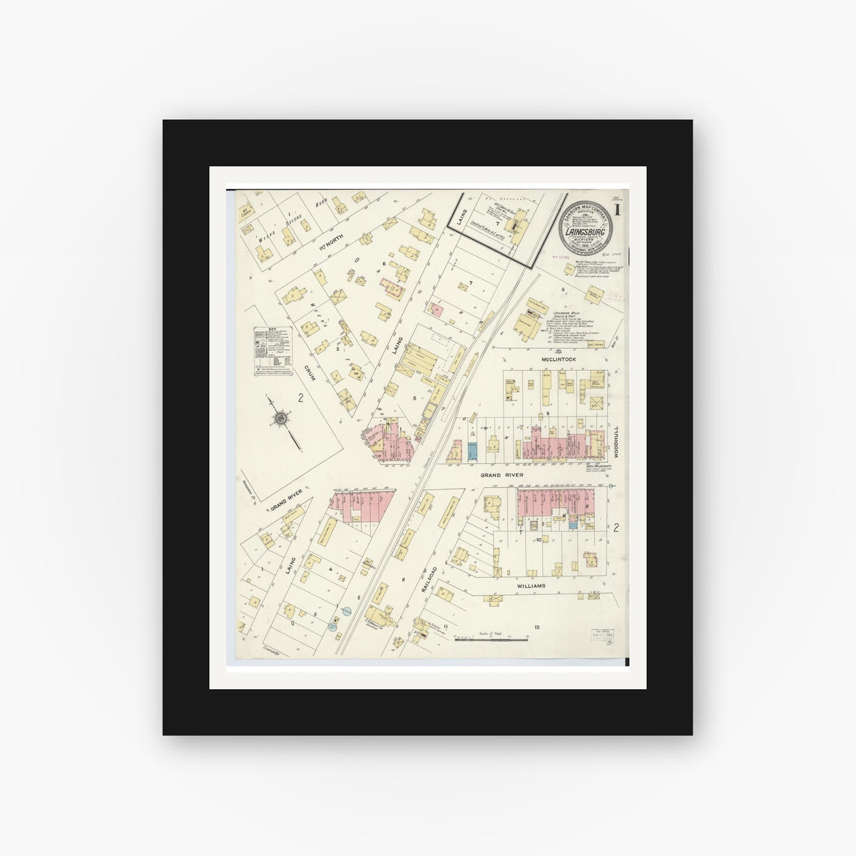 Old map wall art mockup — black gallery frame with white mat — Sanborn Fire Insurance Map from Laingsburg, Shiawassee County, Michigan (1910), Sheet #0001