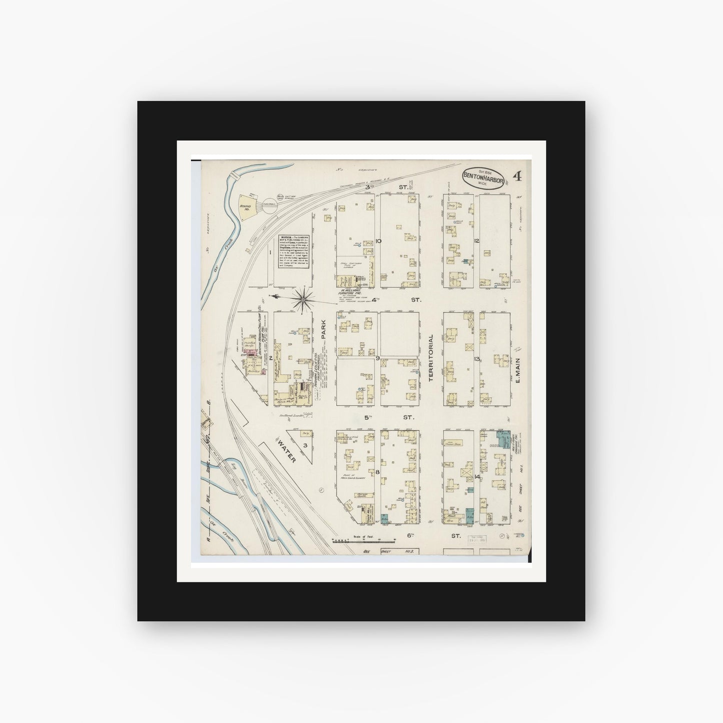 Old map wall art mockup — black gallery frame with white mat — Sanborn Fire Insurance Map from Benton Harbor, Berrien County, Michigan (1884), Sheet #0004