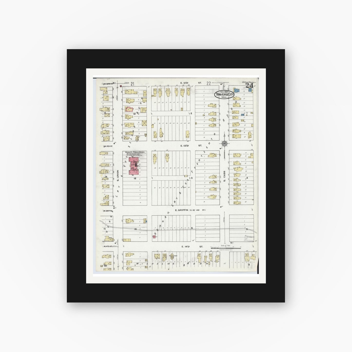 Old map wall art mockup — black gallery frame with white mat — Sanborn Fire Insurance Map from Traverse City, Grand Traverse County, Michigan (1920), Sheet #0024