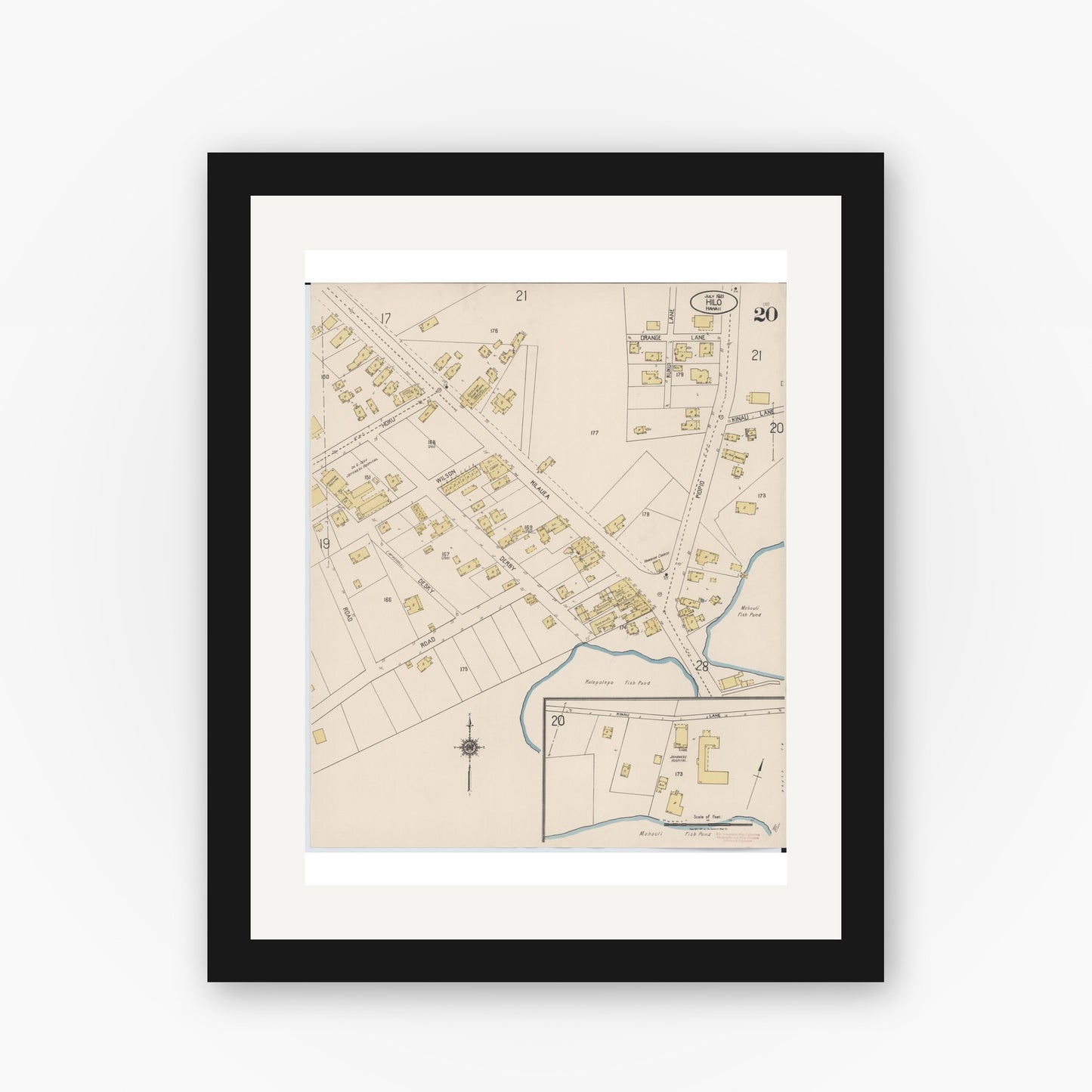 Old map wall art mockup — black gallery frame with white mat — Sanborn Fire Insurance Map from Hilo, Hawaii County, Hawaii (1921), Sheet #0020