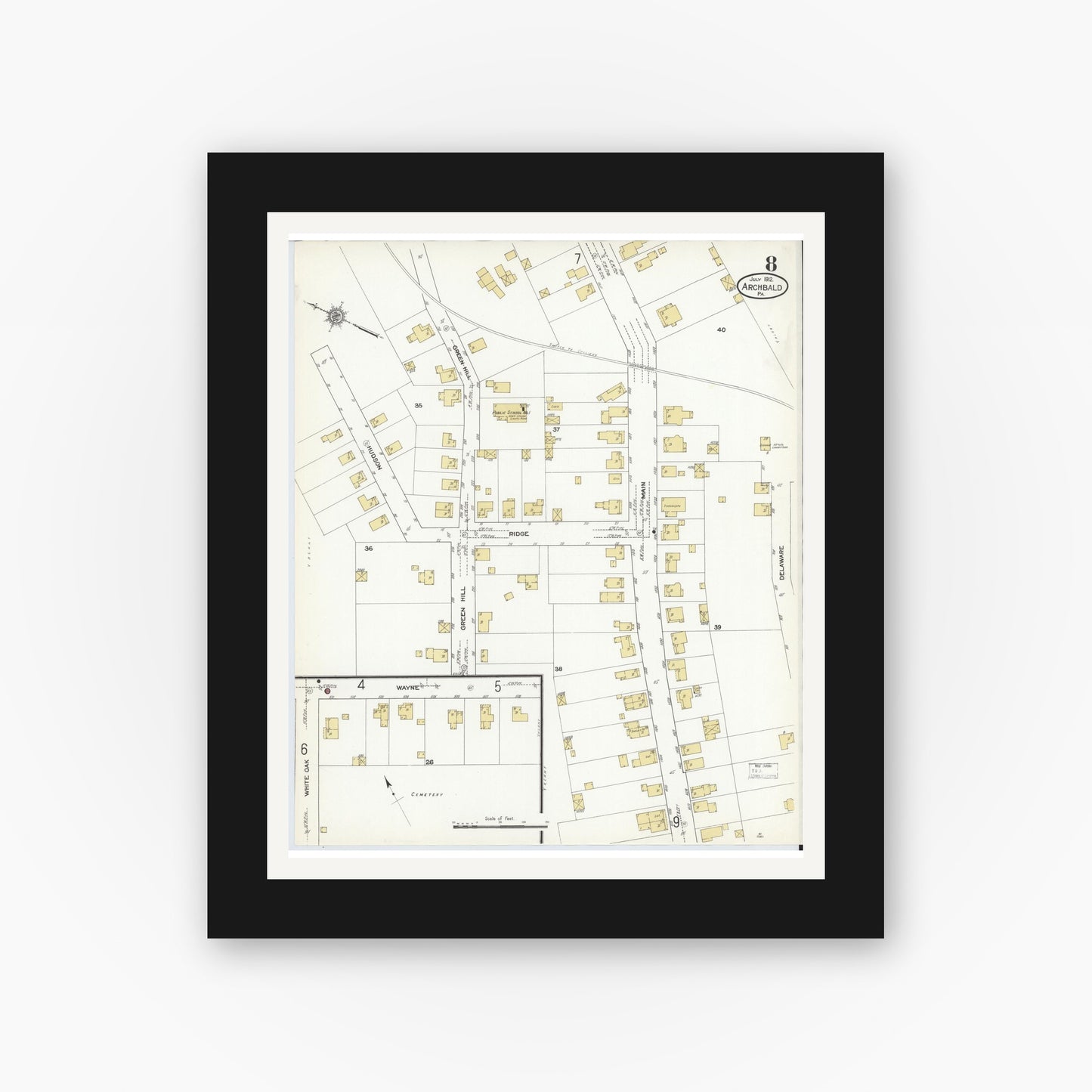 Old map wall art mockup — black gallery frame with white mat — Sanborn Fire Insurance Map from Archbald, Lackawanna County, Pennsylvania (1912), Sheet #0008