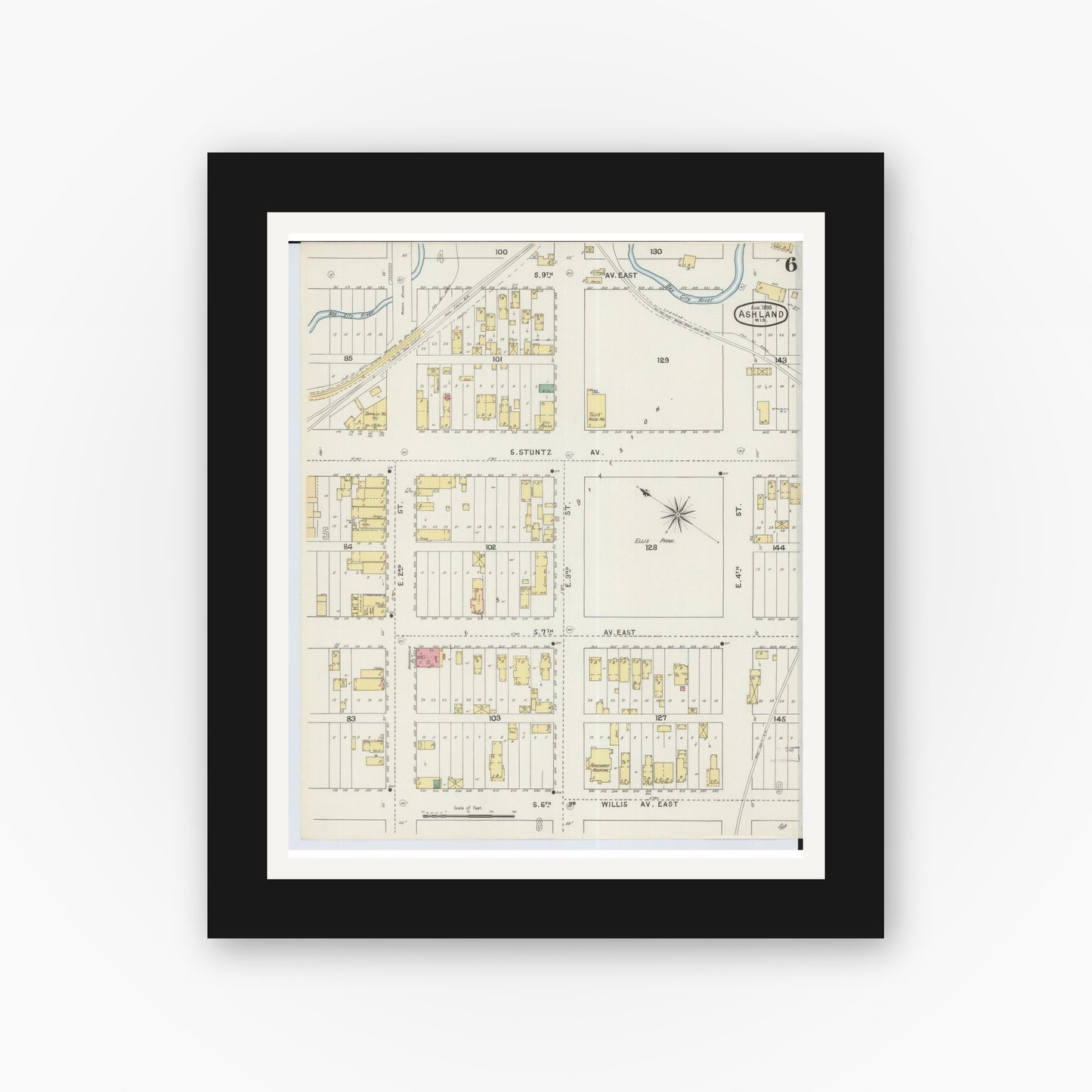 Old map wall art mockup — black gallery frame with white mat — Sanborn Fire Insurance Map from Ashland, Ashland County, Wisconsin (1895), Sheet #0006