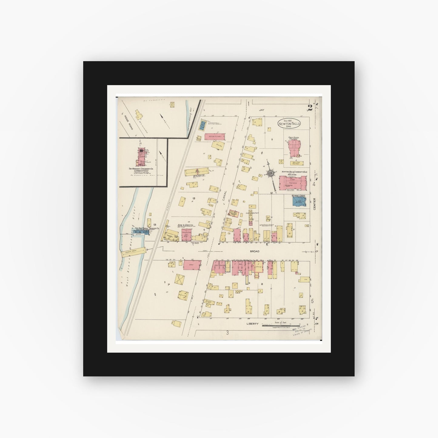 Old map wall art mockup — black gallery frame with white mat — Sanborn Fire Insurance Map from Newton Falls, Trumbull County, Ohio (1922), Sheet #0002