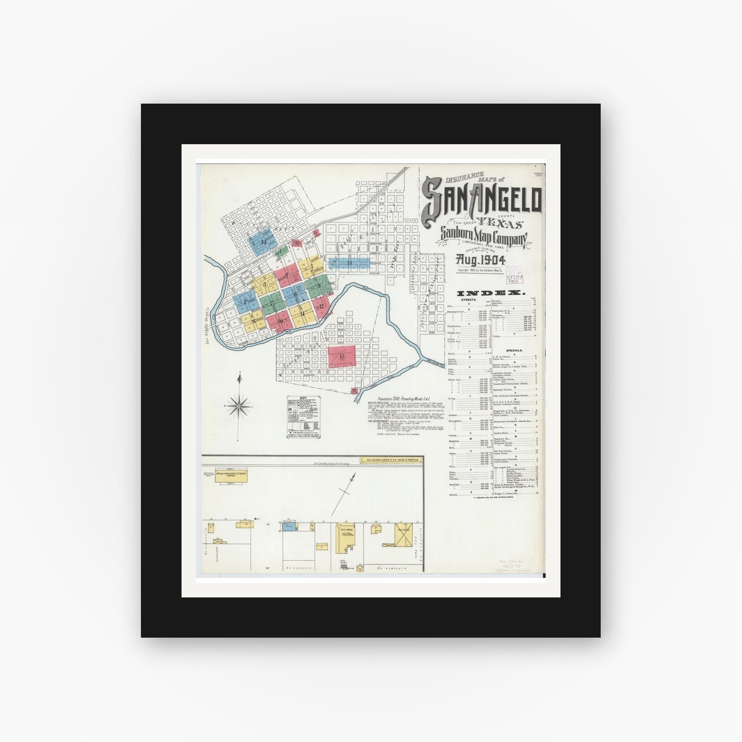 Old map wall art mockup — black gallery frame with white mat — Sanborn Fire Insurance Map from San Angelo, Tom Green County, Texas (1904), Sheet #0001