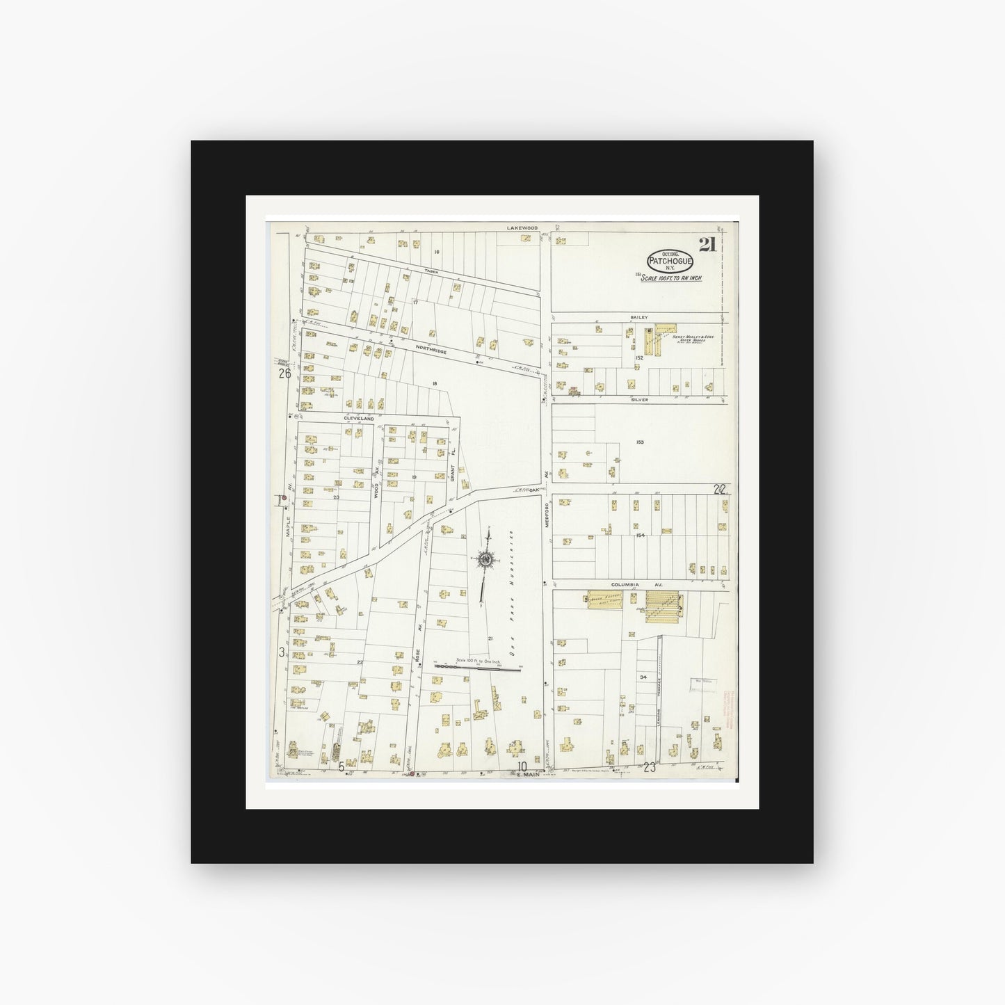 Old map wall art mockup — black gallery frame with white mat — Sanborn Fire Insurance Map from Patchogue, Suffolk County, New York (1916), Sheet #0021