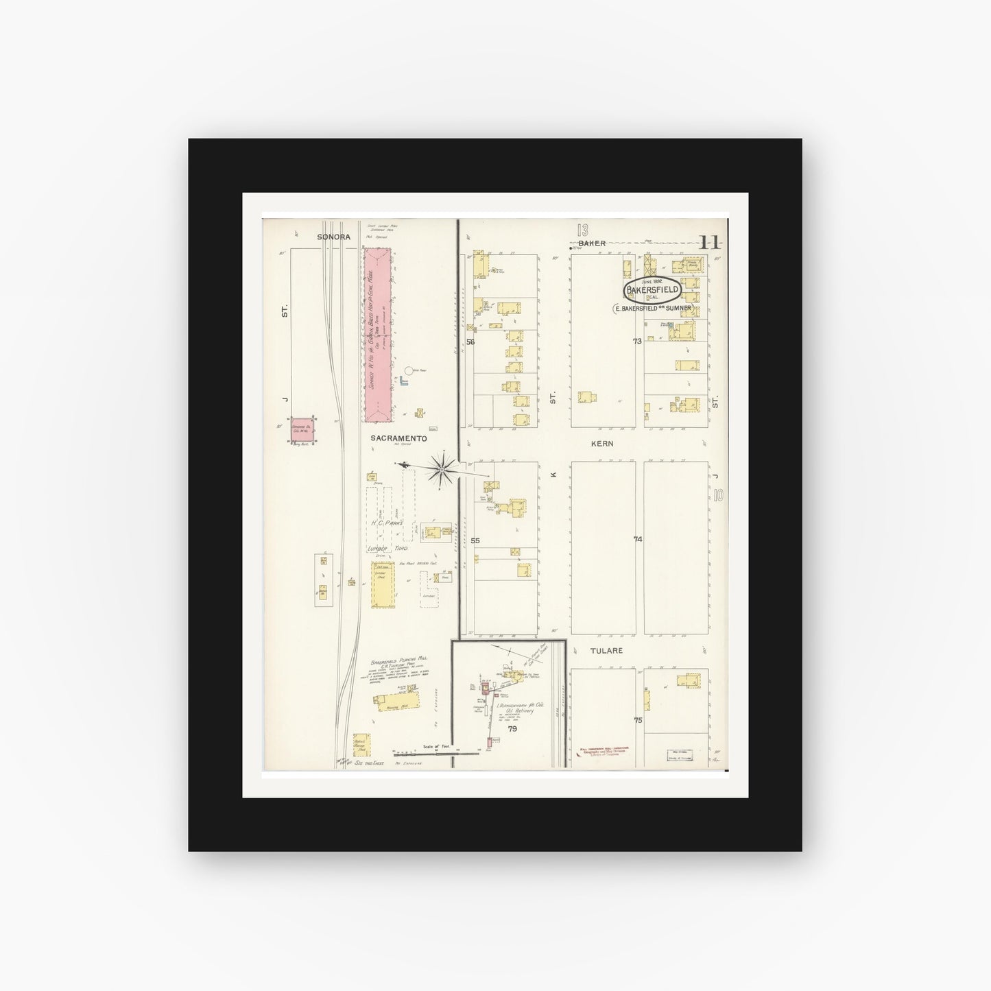 Old map wall art mockup — black gallery frame with white mat — Sanborn Fire Insurance Map from Bakersfield, Kern County, California (1892), Sheet #0011