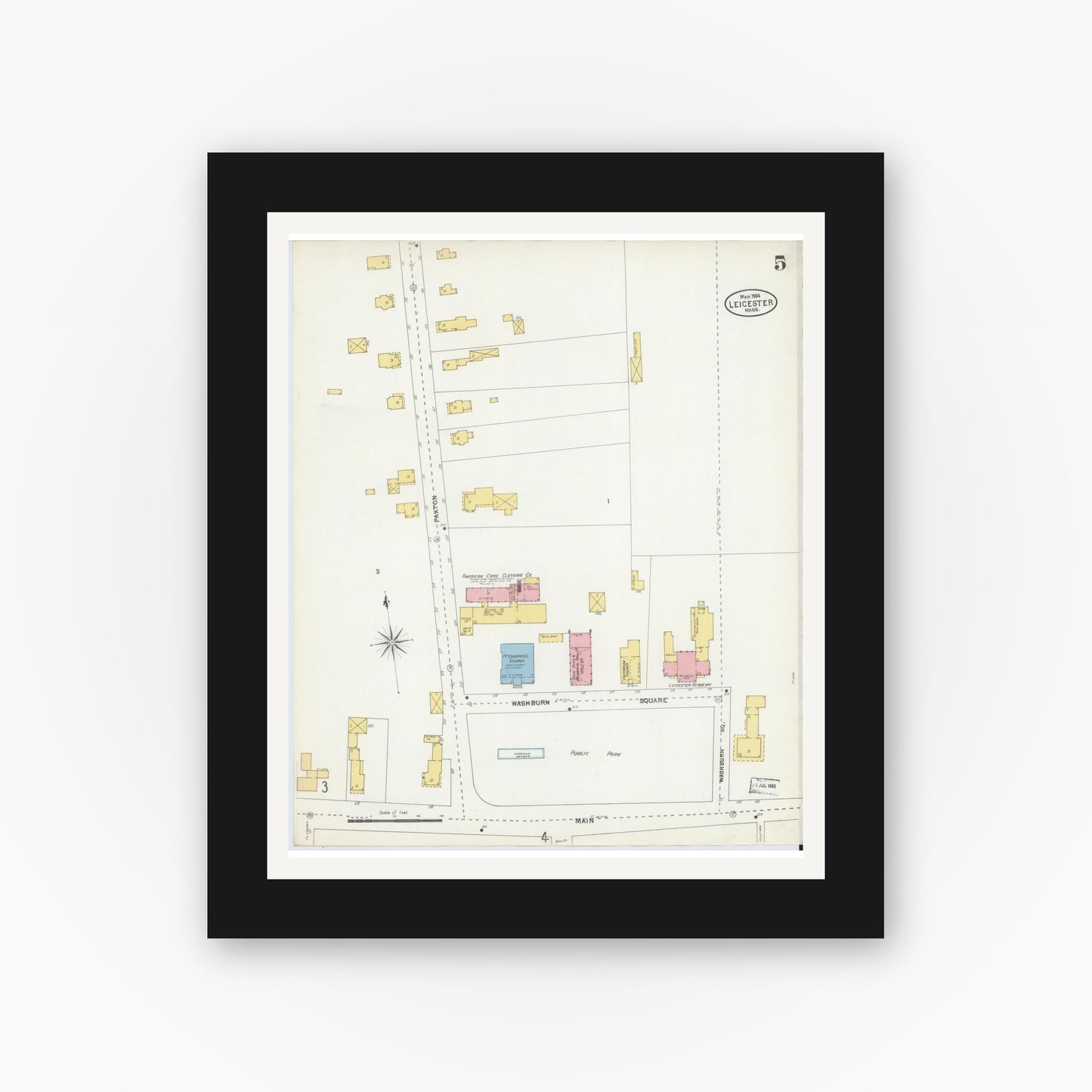 Old map wall art mockup — black gallery frame with white mat — Sanborn Fire Insurance Map from Leicester, Worcester County, Massachusetts (1904), Sheet #0005