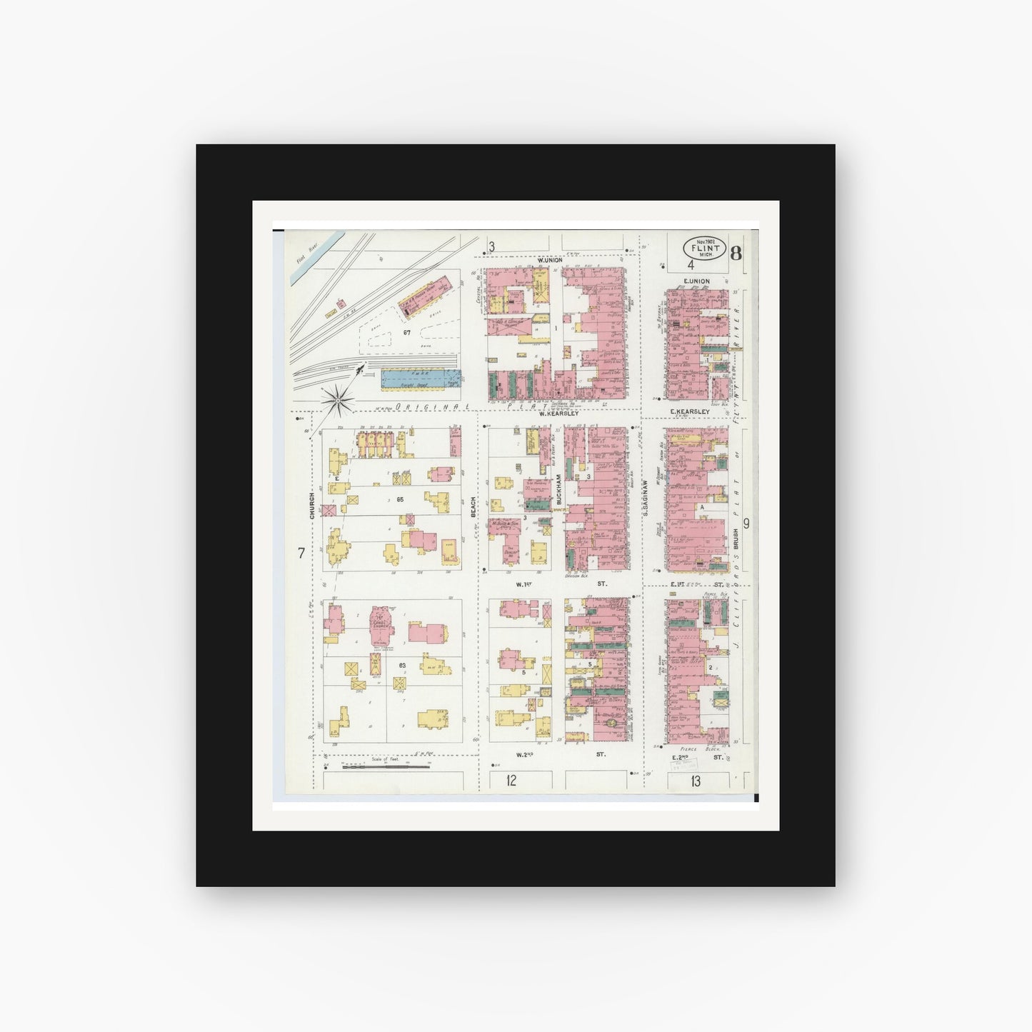 Old map wall art mockup — black gallery frame with white mat — Sanborn Fire Insurance Map from Flint, Genesee County, Michigan (1902), Sheet #0008