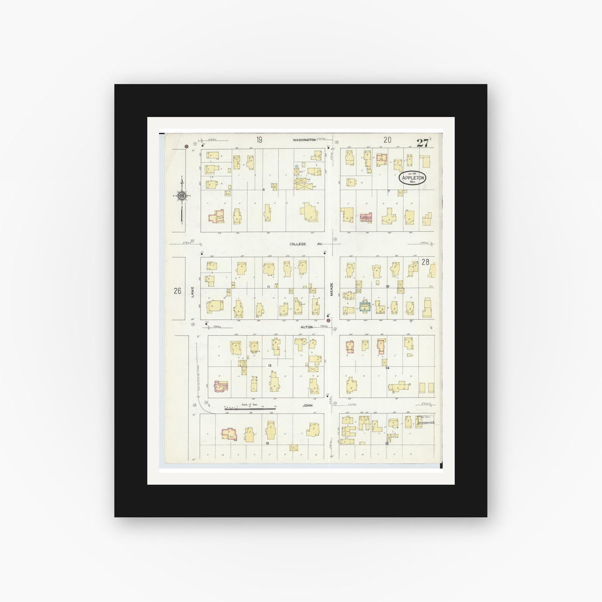 Old map wall art mockup — black gallery frame with white mat — Sanborn Fire Insurance Map from Appleton, Outagamie County, Wisconsin (1911), Sheet #0027