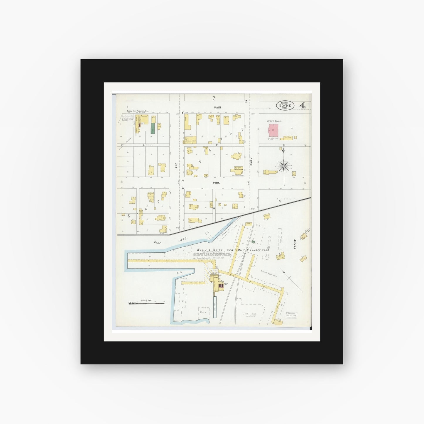 Old map wall art mockup — black gallery frame with white mat — Sanborn Fire Insurance Map from Boyne City, Charlevoix County, Michigan (1901), Sheet #0004