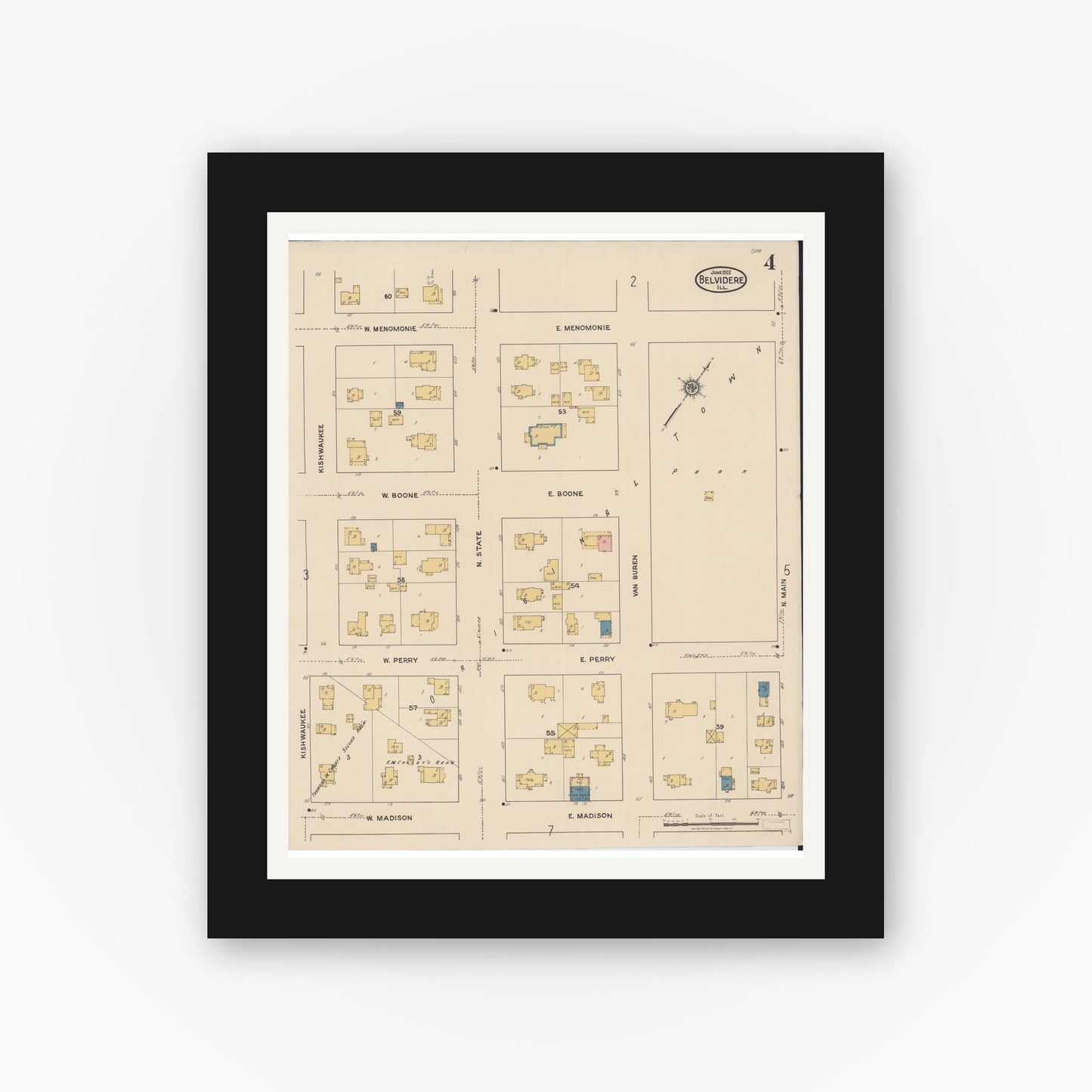 Old map wall art mockup — black gallery frame with white mat — Sanborn Fire Insurance Map from Belvidere, Boone County, Illinois (1922), Sheet #0004