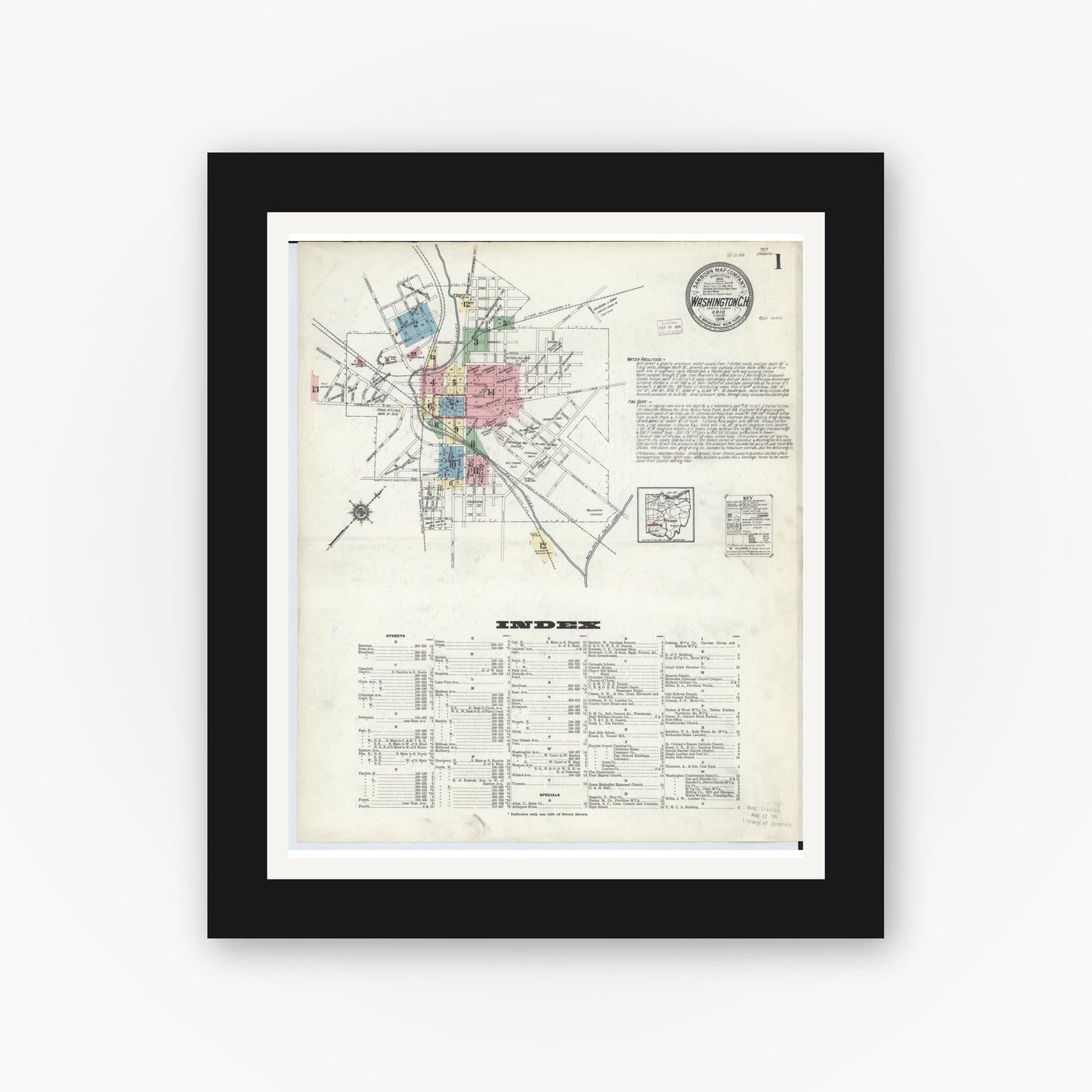 Old map wall art mockup — black gallery frame with white mat — Sanborn Fire Insurance Map from Washington Court House, Fayette County, Ohio (1914), Sheet #0001