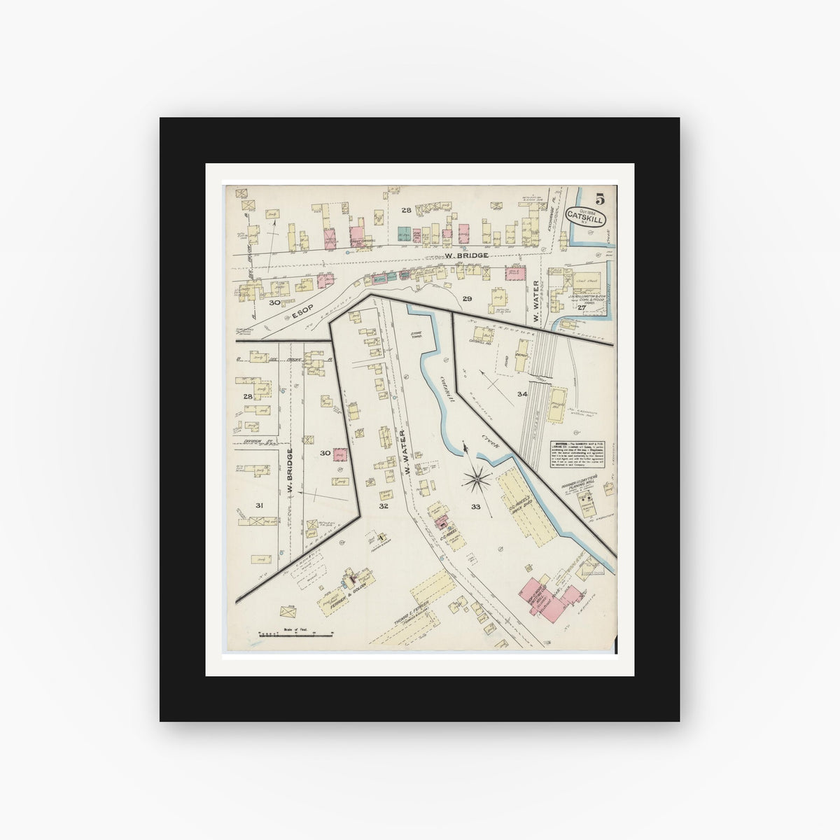 Old map wall art mockup — black gallery frame with white mat — Sanborn Fire Insurance Map from Catskill, Greene County, New York (1884), Sheet #0005