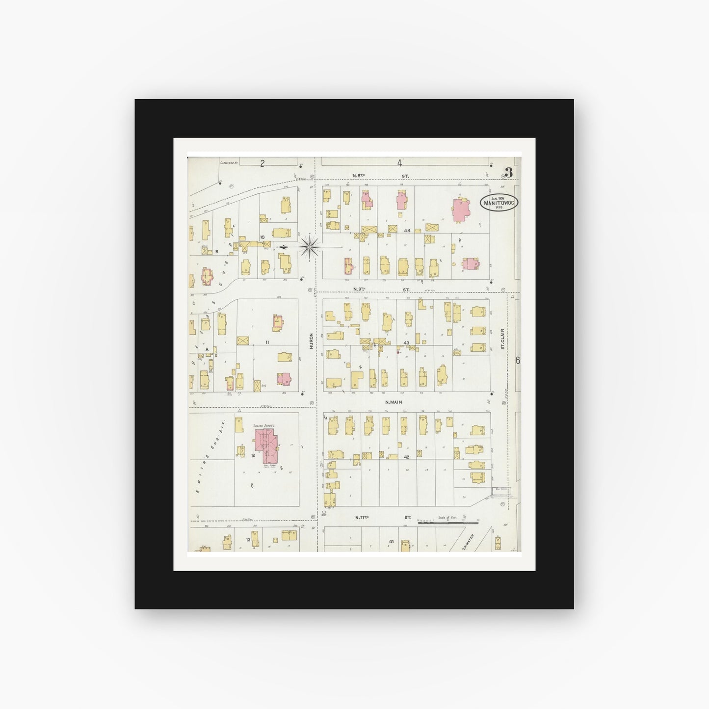 Old map wall art mockup — black gallery frame with white mat — Sanborn Fire Insurance Map from Manitowoc, Manitowoc County, Wisconsin (1906), Sheet #0003