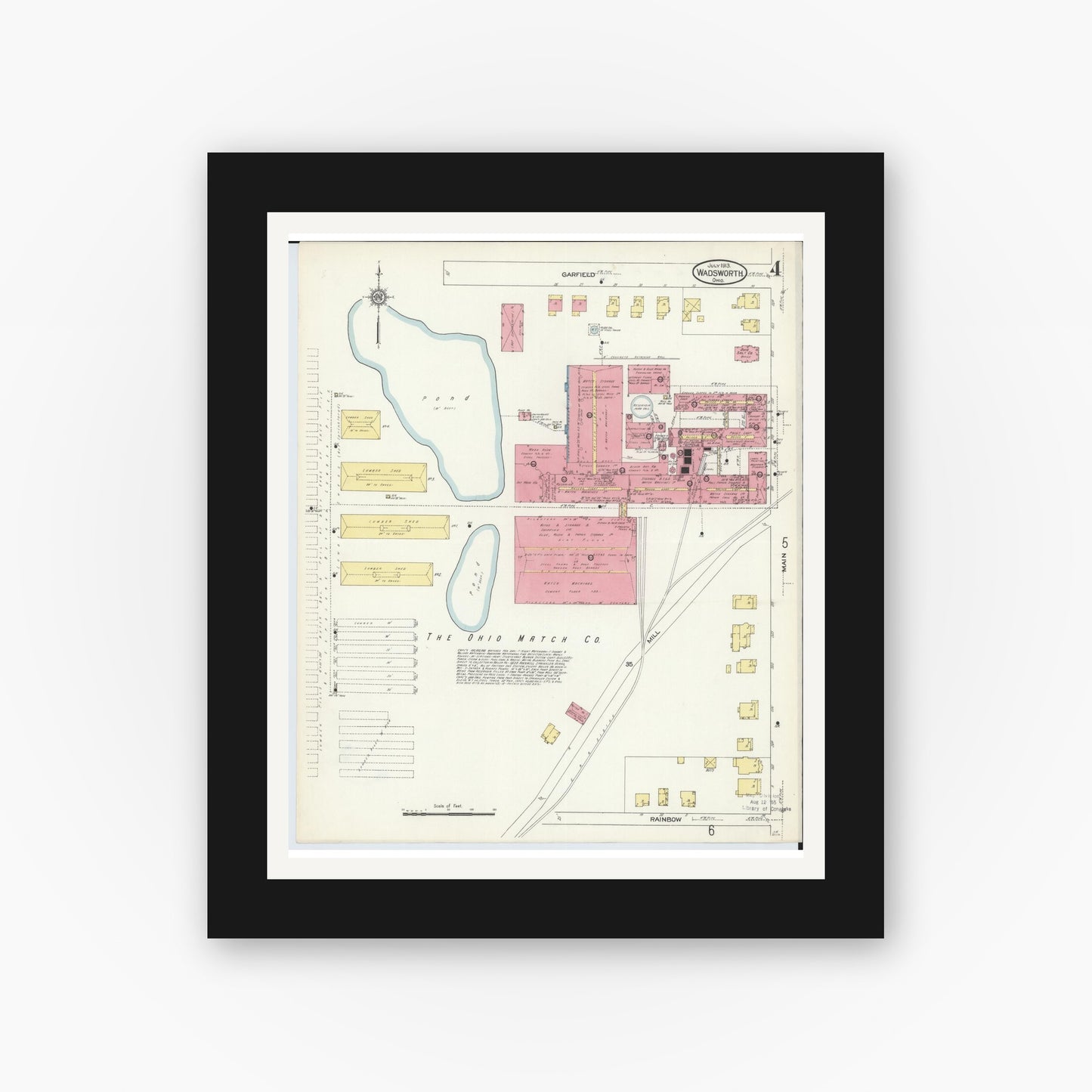 Old map wall art mockup — black gallery frame with white mat — Sanborn Fire Insurance Map from Wadsworth, Medina County, Ohio (1913), Sheet #0004