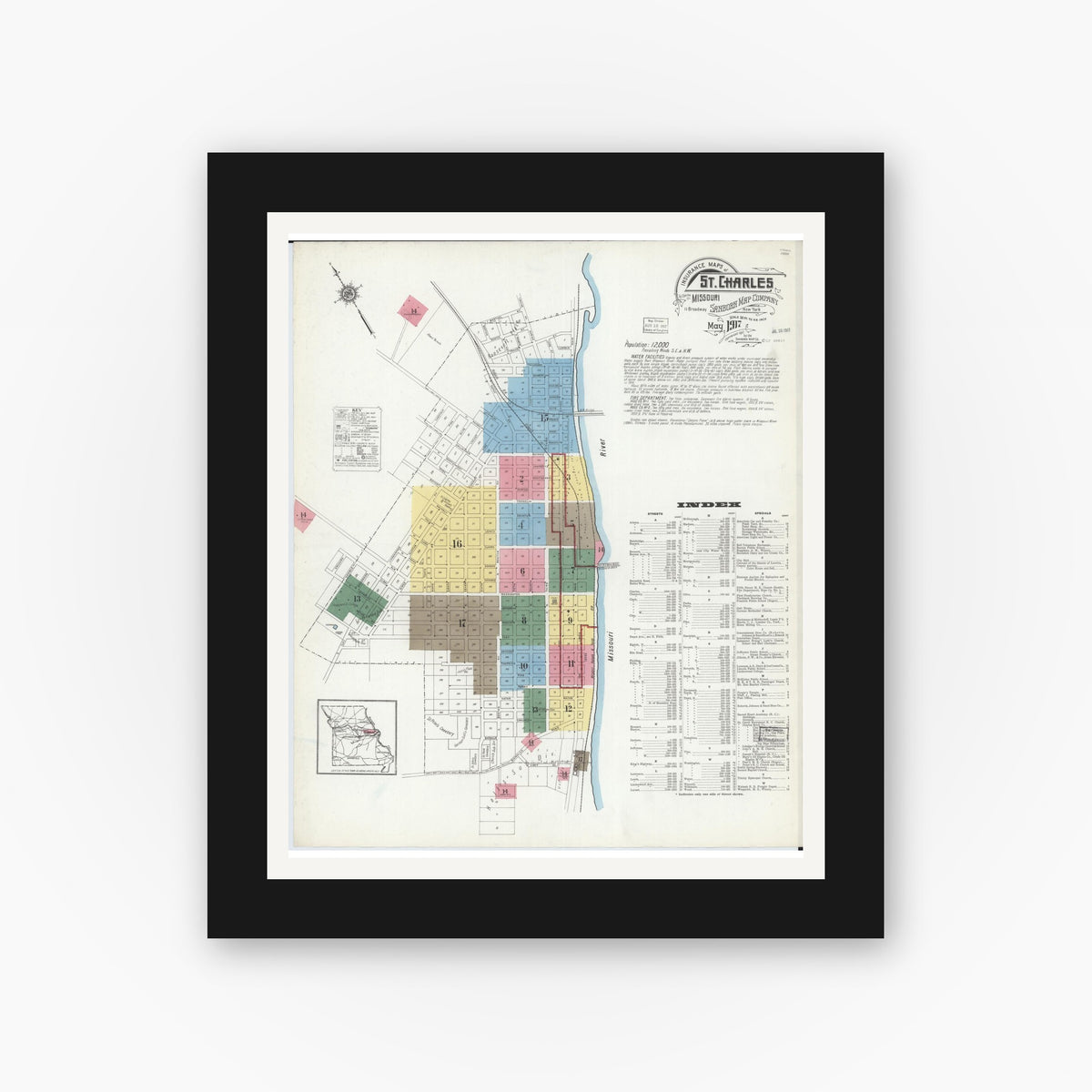 Old map wall art mockup β black gallery frame with white mat β Sanborn Fire Insurance Map from Saint Charles, Saint Charles County, Missouri (1917), Sheet #0001