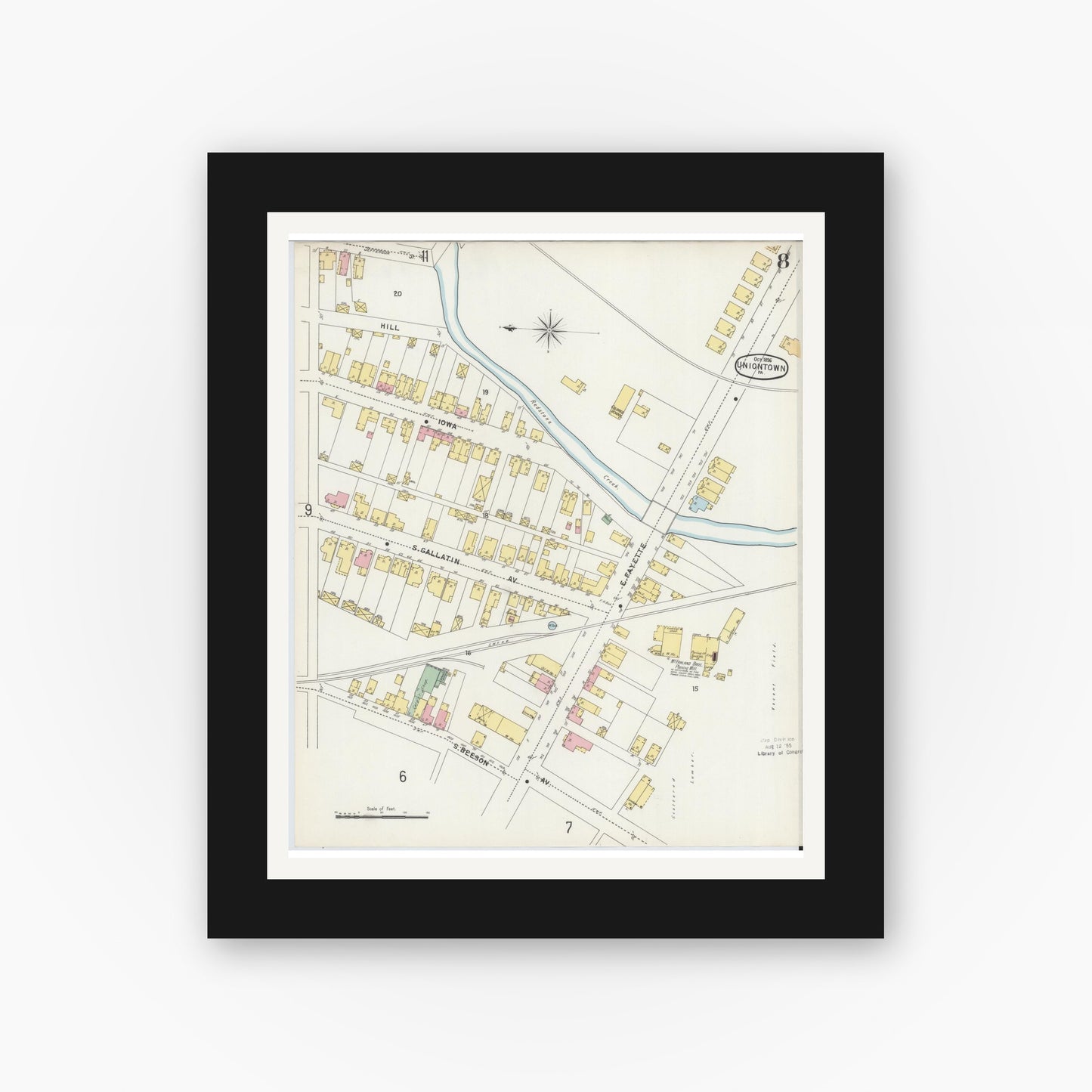 Old map wall art mockup — black gallery frame with white mat — Sanborn Fire Insurance Map from Uniontown, Fayette County, Pennsylvania (1896), Sheet #0008