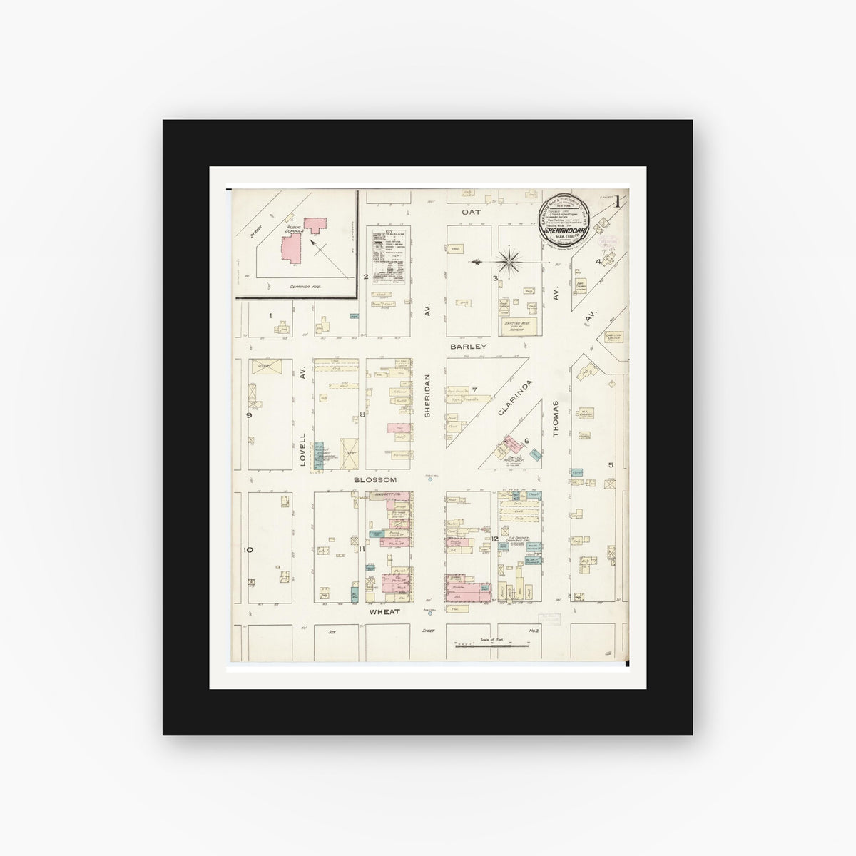 Old map wall art mockup — black gallery frame with white mat — Sanborn Fire Insurance Map from Shenandoah, Page County, Iowa (1886) — Complete Set