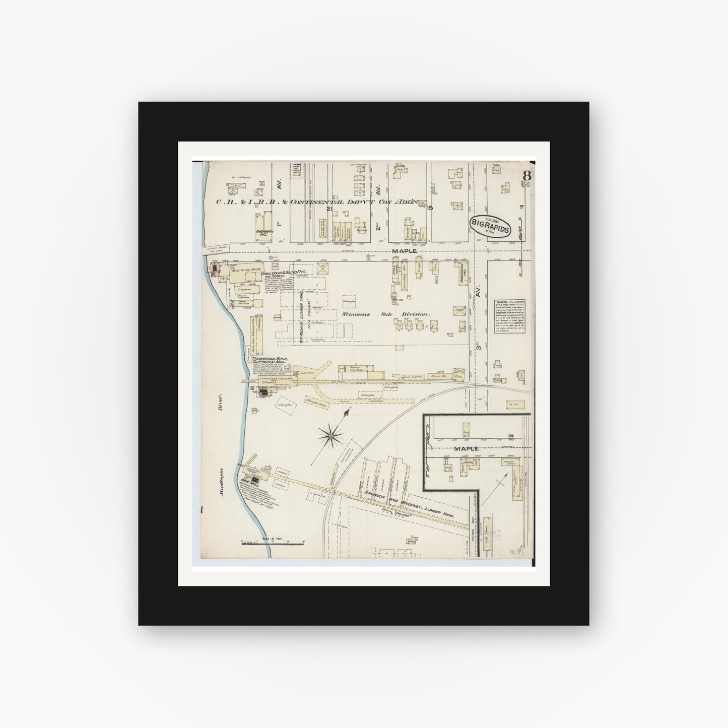 Old map wall art mockup — black gallery frame with white mat — Sanborn Fire Insurance Map from Big Rapids, Mecosta County, Michigan (1884), Sheet #0008