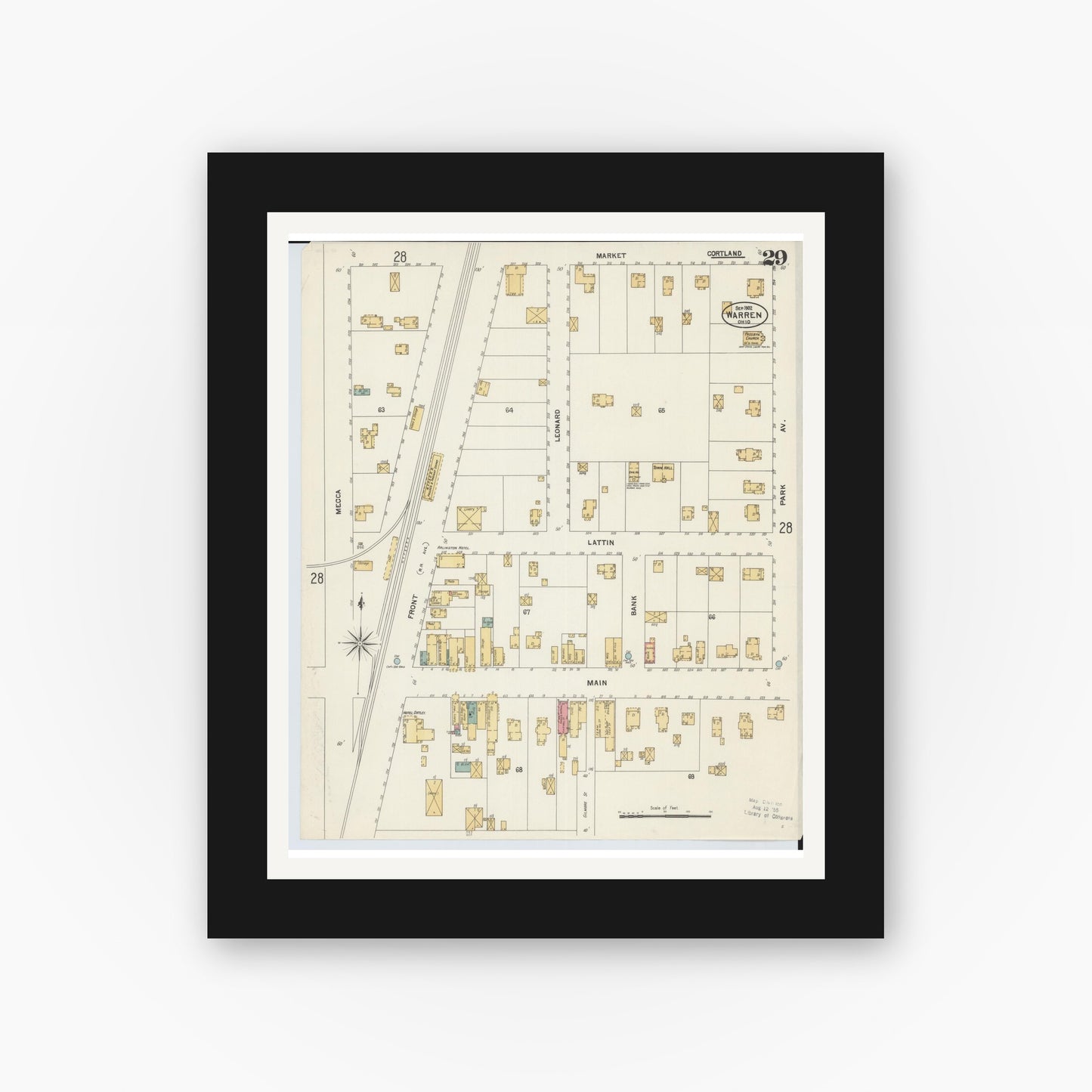 Old map wall art mockup — black gallery frame with white mat — Sanborn Fire Insurance Map from Warren, Trumbull County, Ohio (1902), Sheet #0029