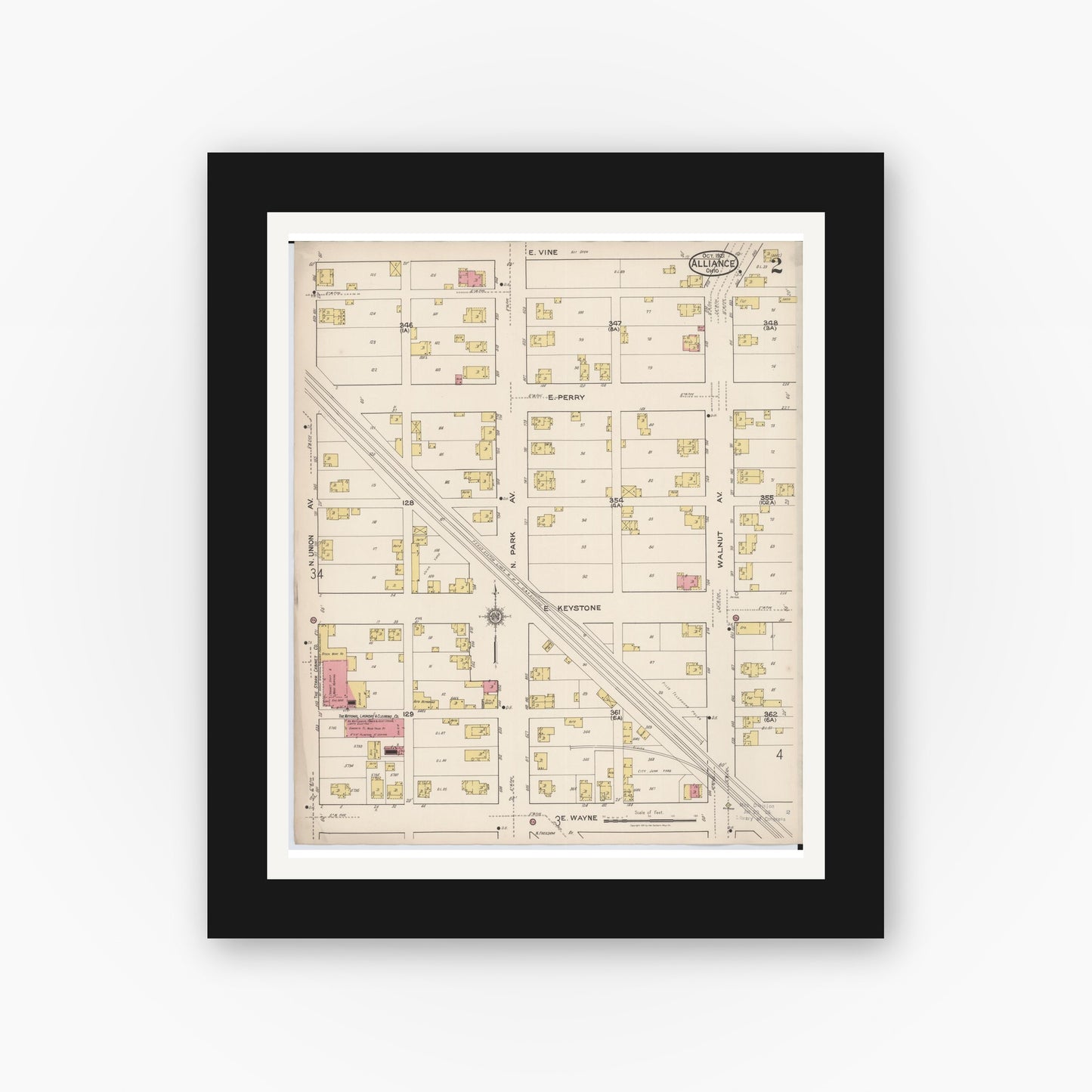 Old map wall art mockup — black gallery frame with white mat — Sanborn Fire Insurance Map from Alliance, Stark County, Ohio (1921), Sheet #0002