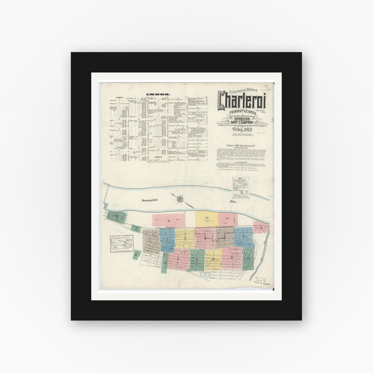 Old map wall art mockup — black gallery frame with white mat — Sanborn Fire Insurance Map from Charleroi, Washington County, Pennsylvania (1913) - Complete Map Set