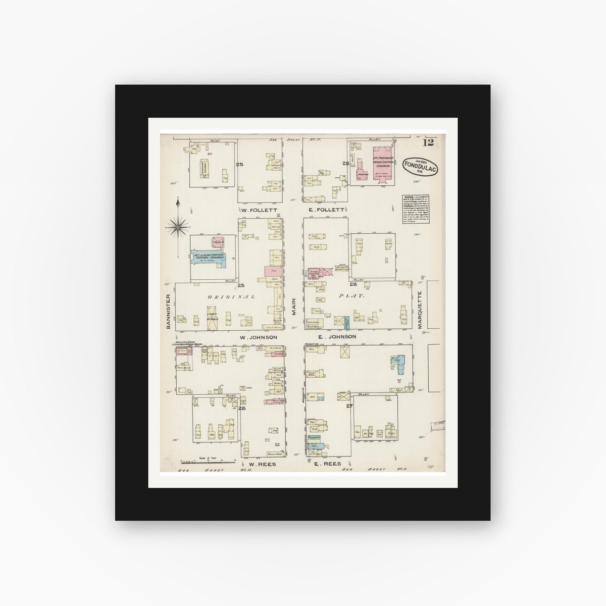 Old map wall art mockup — black gallery frame with white mat — Sanborn Fire Insurance Map from Fond du Lac, Fond du Lac County, Wisconsin (1884), Sheet #0012