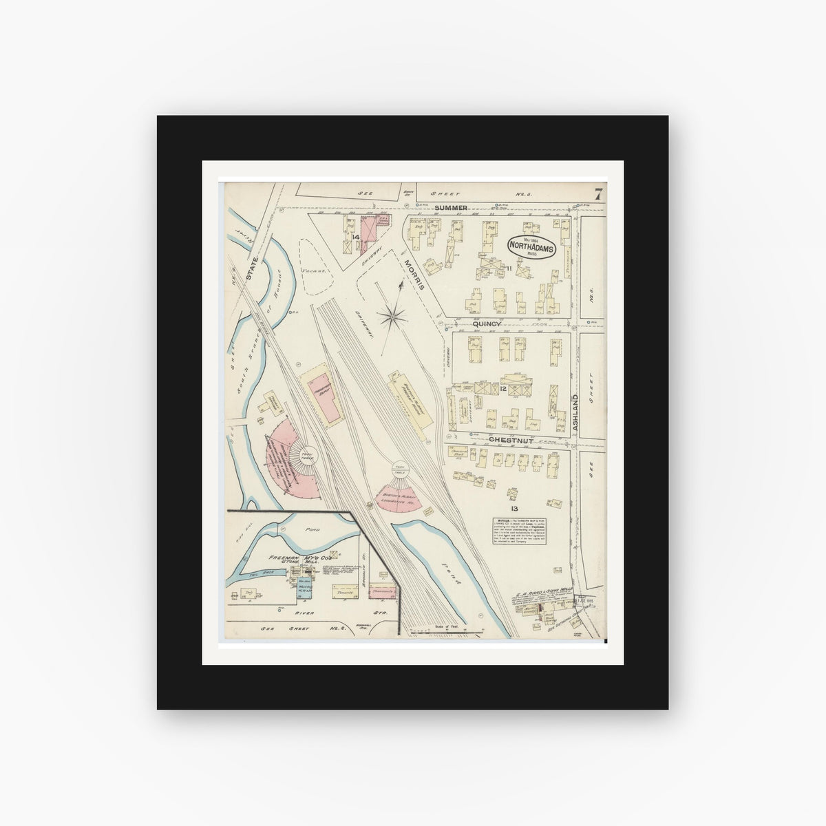 Old map wall art mockup — black gallery frame with white mat — Sanborn Fire Insurance Map from North Adams, Berkshire County, Massachusetts (1884), Sheet #0007