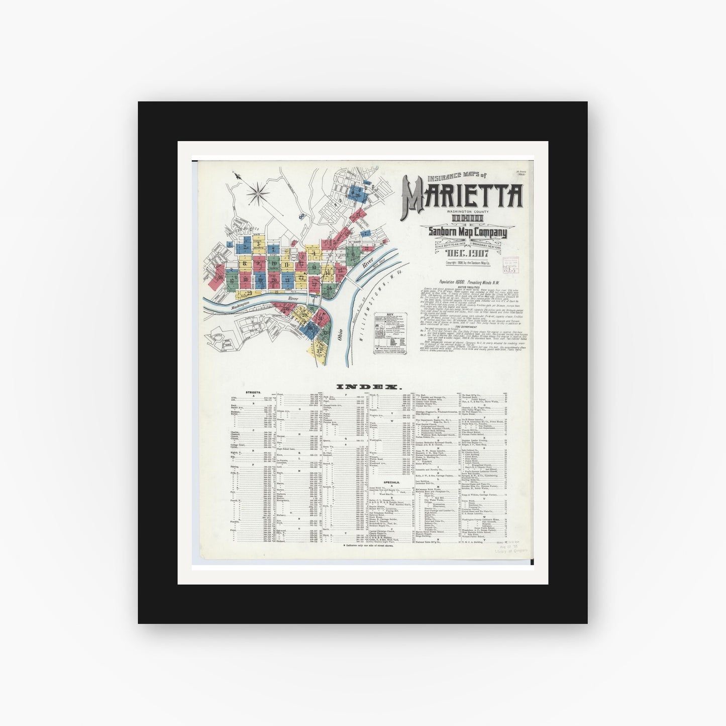 Old map wall art mockup — black gallery frame with white mat — Sanborn Fire Insurance Map from Marietta, Washington County, Ohio (1907), Sheet #0001
