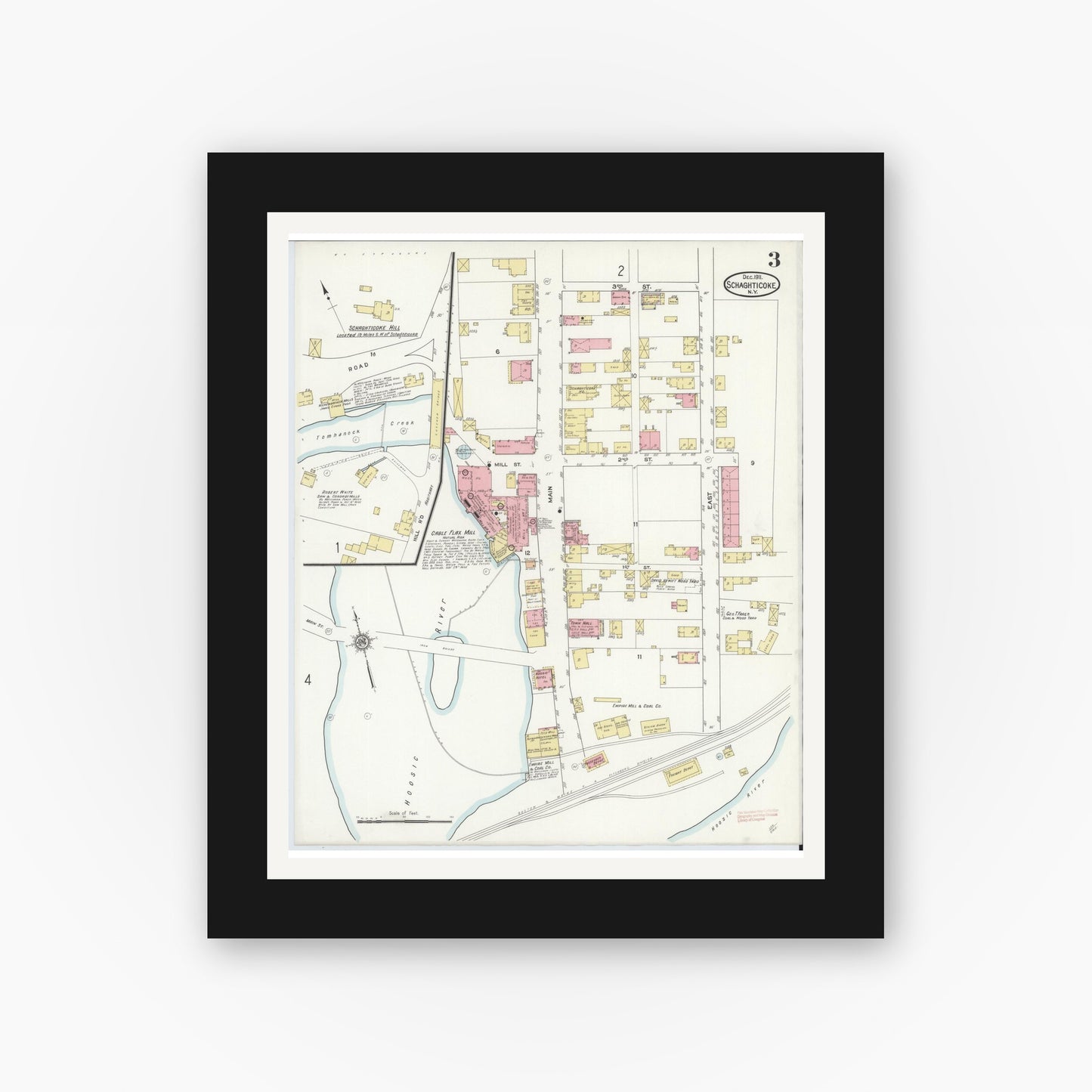 Old map wall art mockup — black gallery frame with white mat — Sanborn Fire Insurance Map from Schaghticoke, Rensselaer County, New York (1911), Sheet #0003