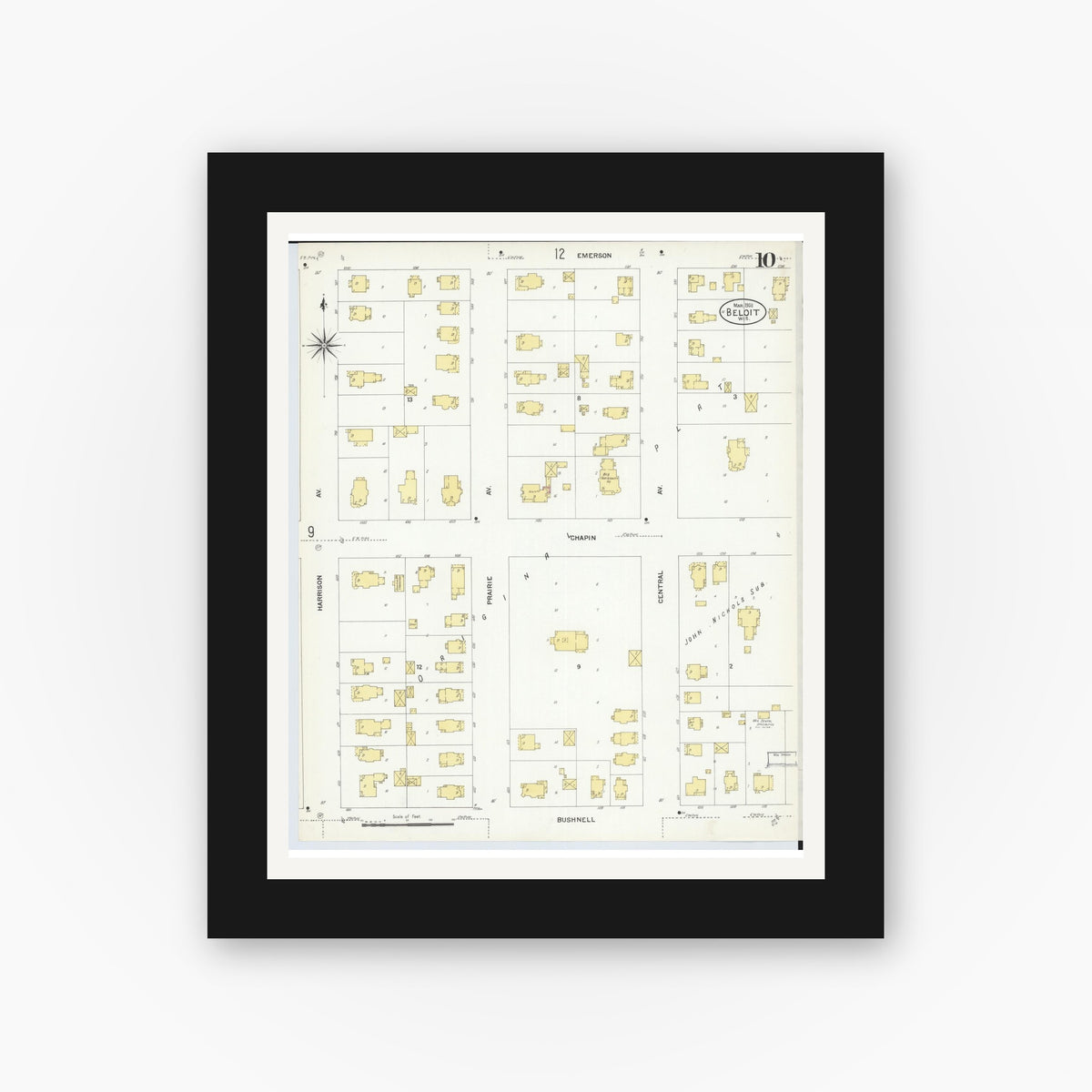 Old map wall art mockup — black gallery frame with white mat — Sanborn Fire Insurance Map from Beloit, Rock County, Wisconsin (1908), Sheet #0010