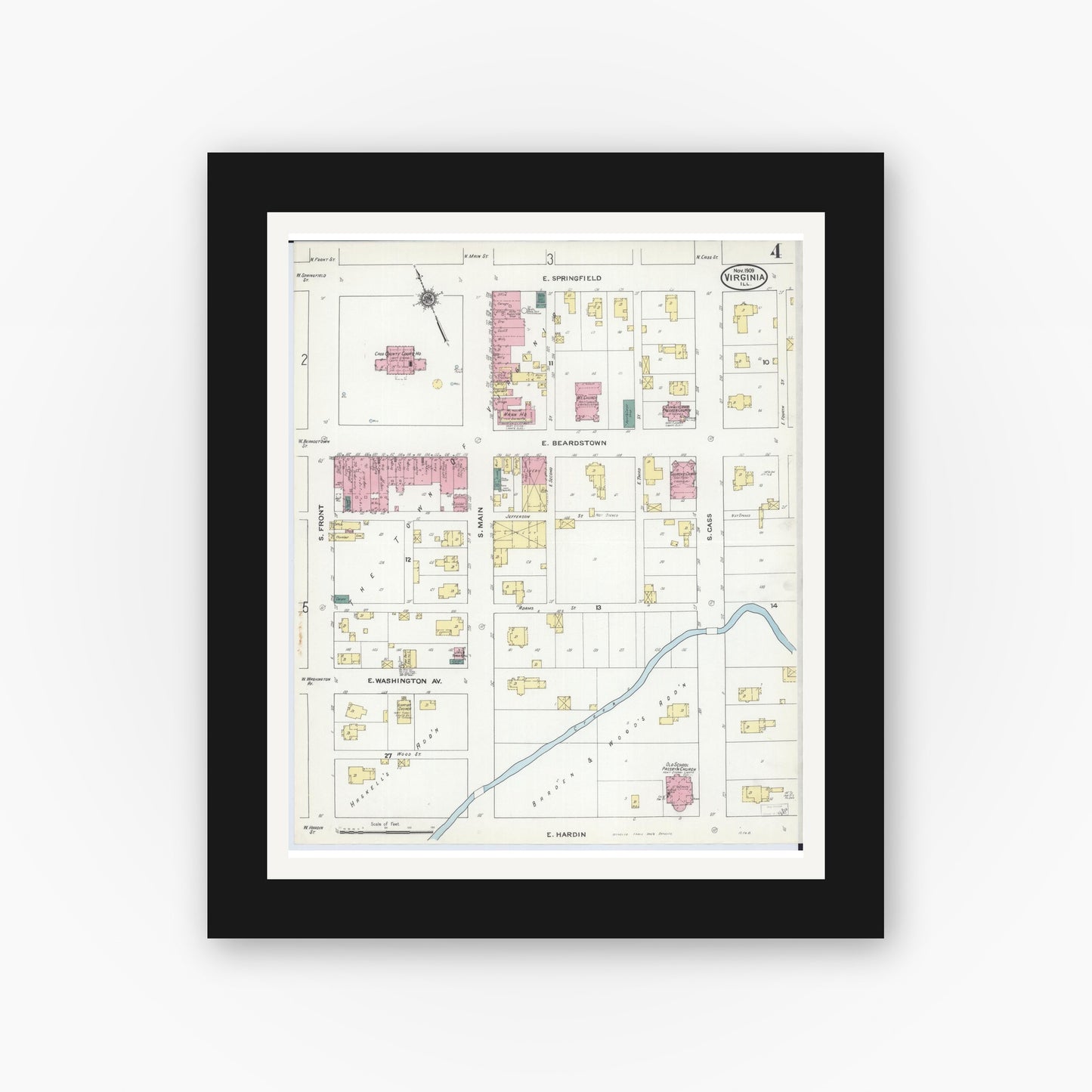Old map wall art mockup — black gallery frame with white mat — Sanborn Fire Insurance Map from Virginia, Cass County, Illinois (1909), Sheet #0004