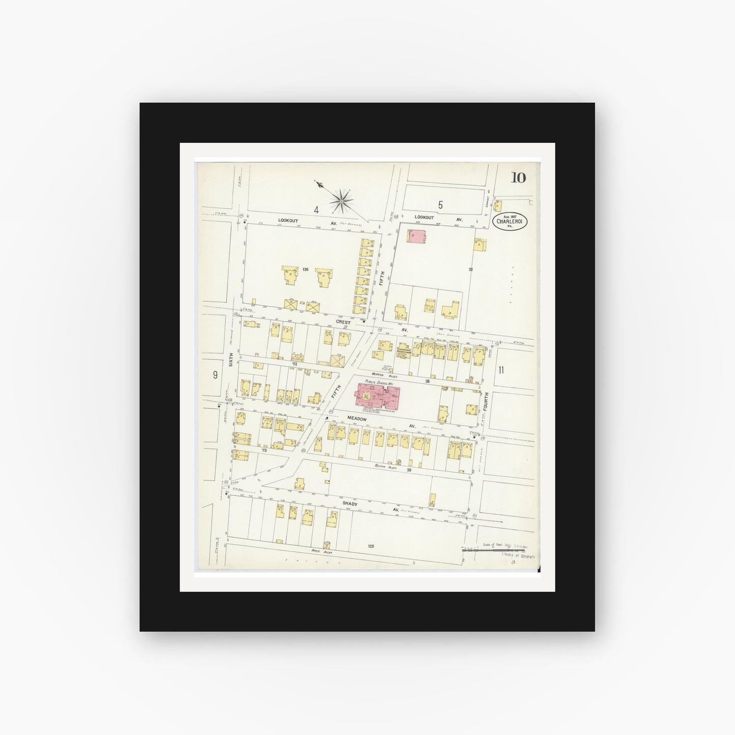 Old map wall art mockup — black gallery frame with white mat — Sanborn Fire Insurance Map from Charleroi, Washington County, Pennsylvania (1907), Sheet #0010