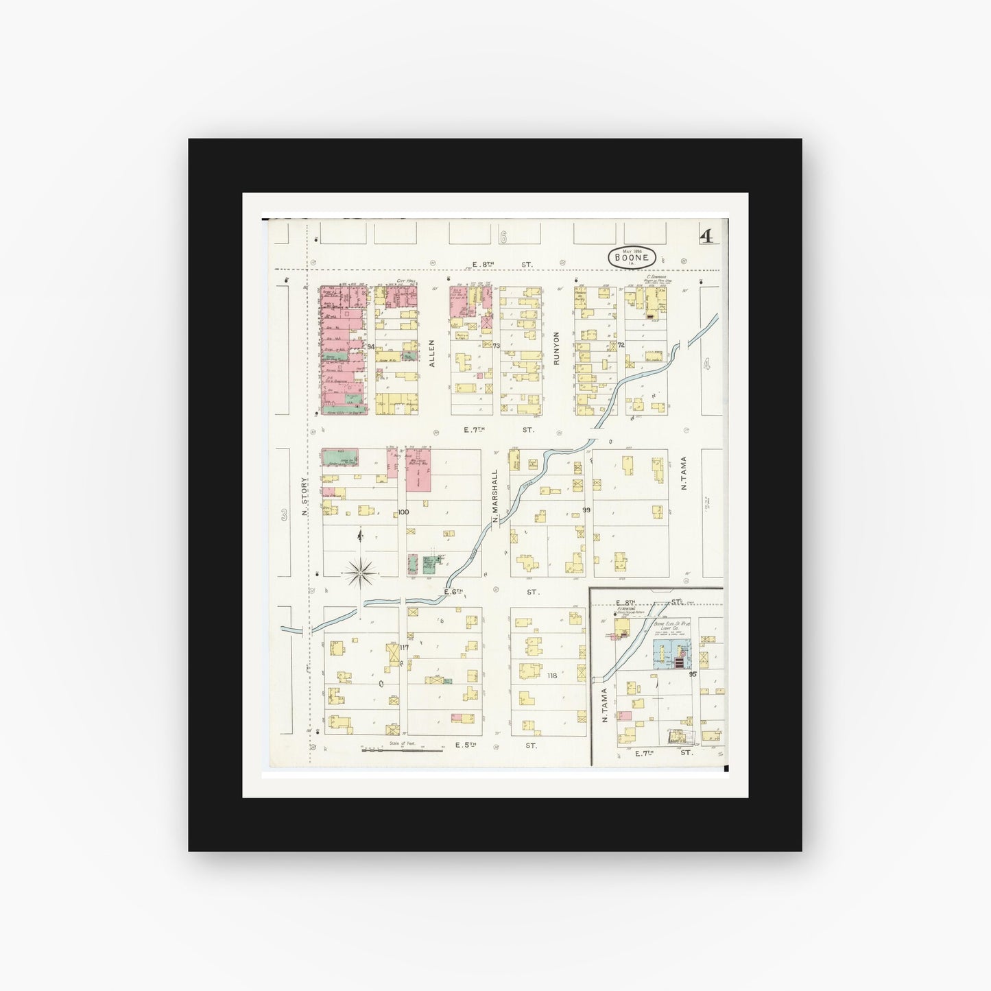 Old map wall art mockup — black gallery frame with white mat — Sanborn Fire Insurance Map from Boone, Boone County, Iowa (1894), Sheet #0004