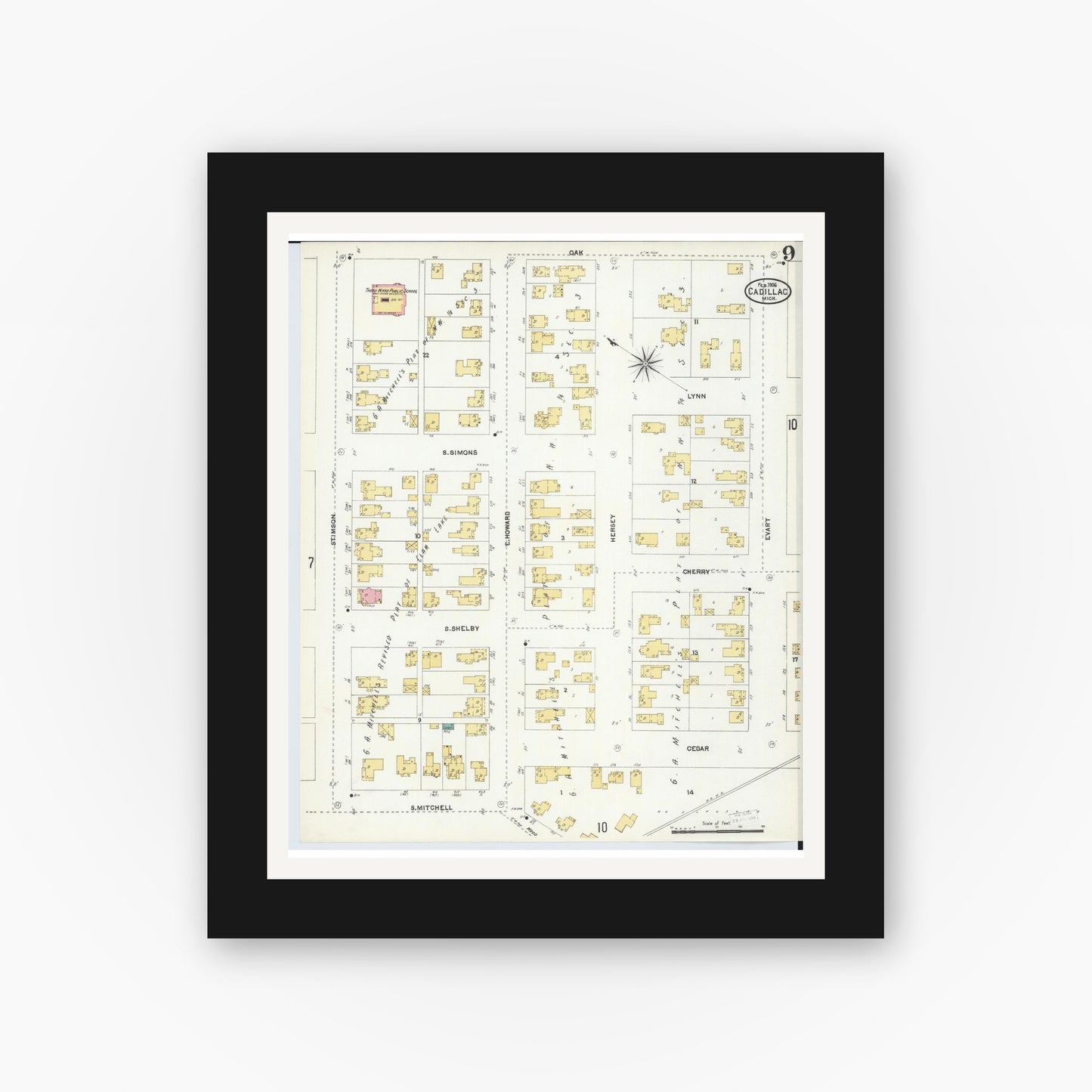 Old map wall art mockup — black gallery frame with white mat — Sanborn Fire Insurance Map from Cadillac, Wexford County, Michigan (1906), Sheet #0009