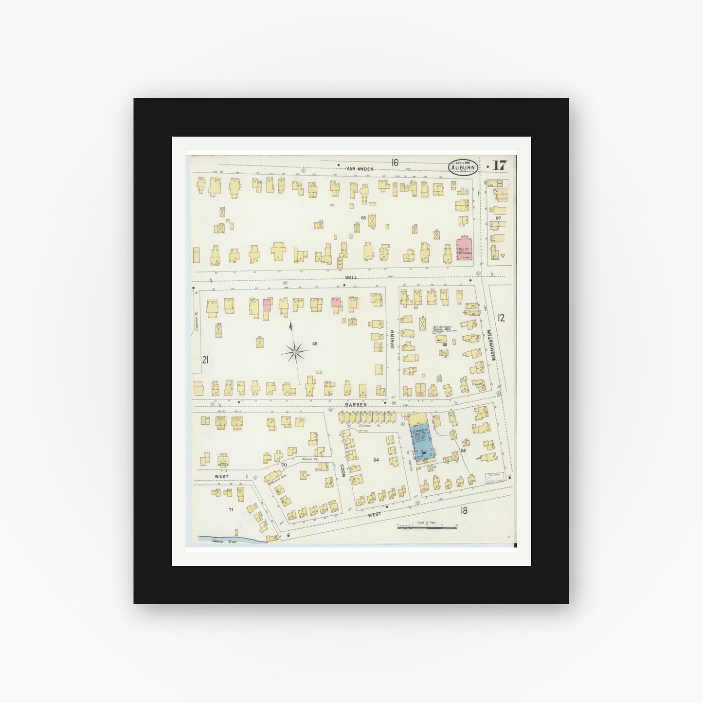Old map wall art mockup — black gallery frame with white mat — Sanborn Fire Insurance Map from Auburn, Cayuga County, New York (1898), Sheet #0017