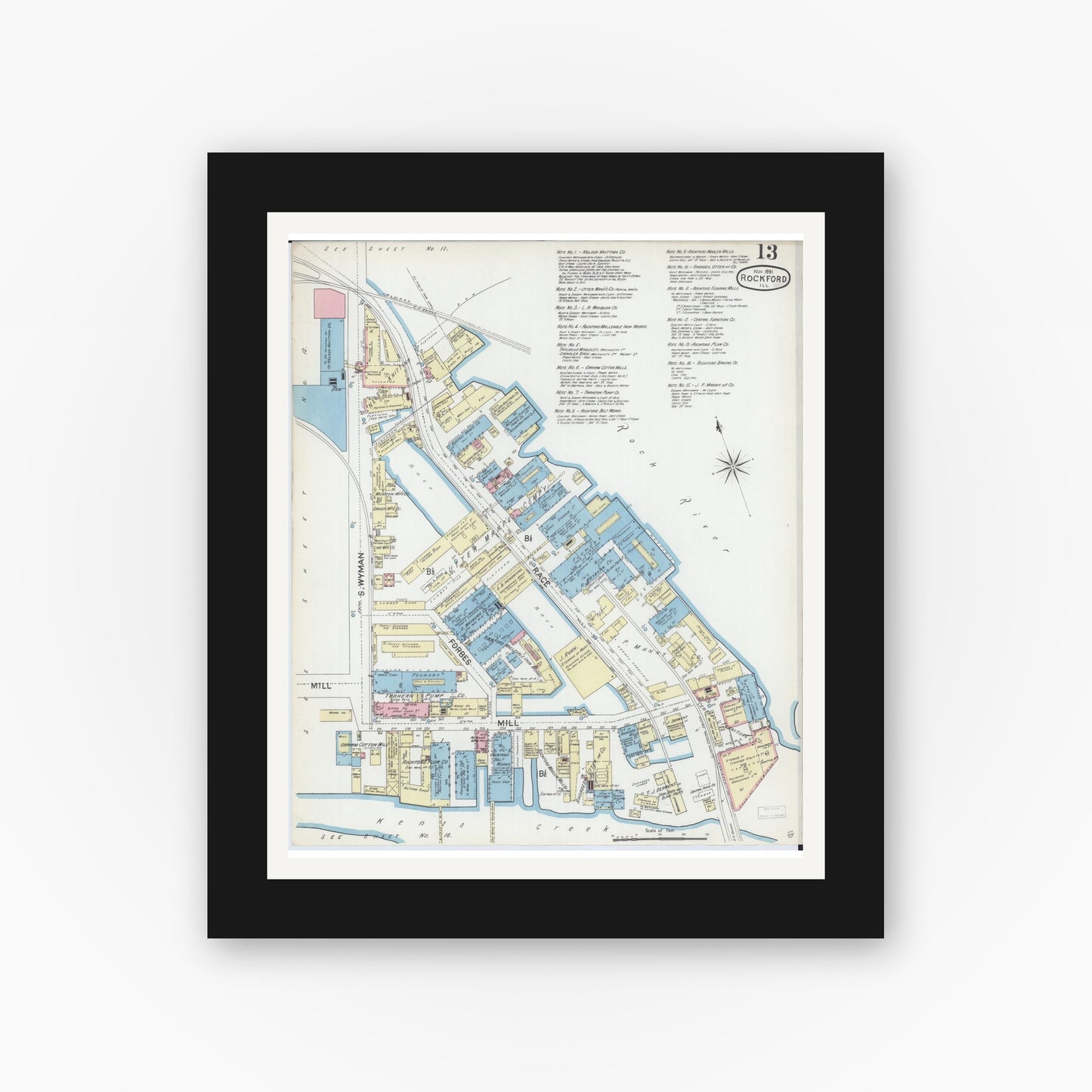 Old map wall art mockup — black gallery frame with white mat — Sanborn Fire Insurance Map from Rockford, Winnebago County, Illinois (1891), Sheet #0013