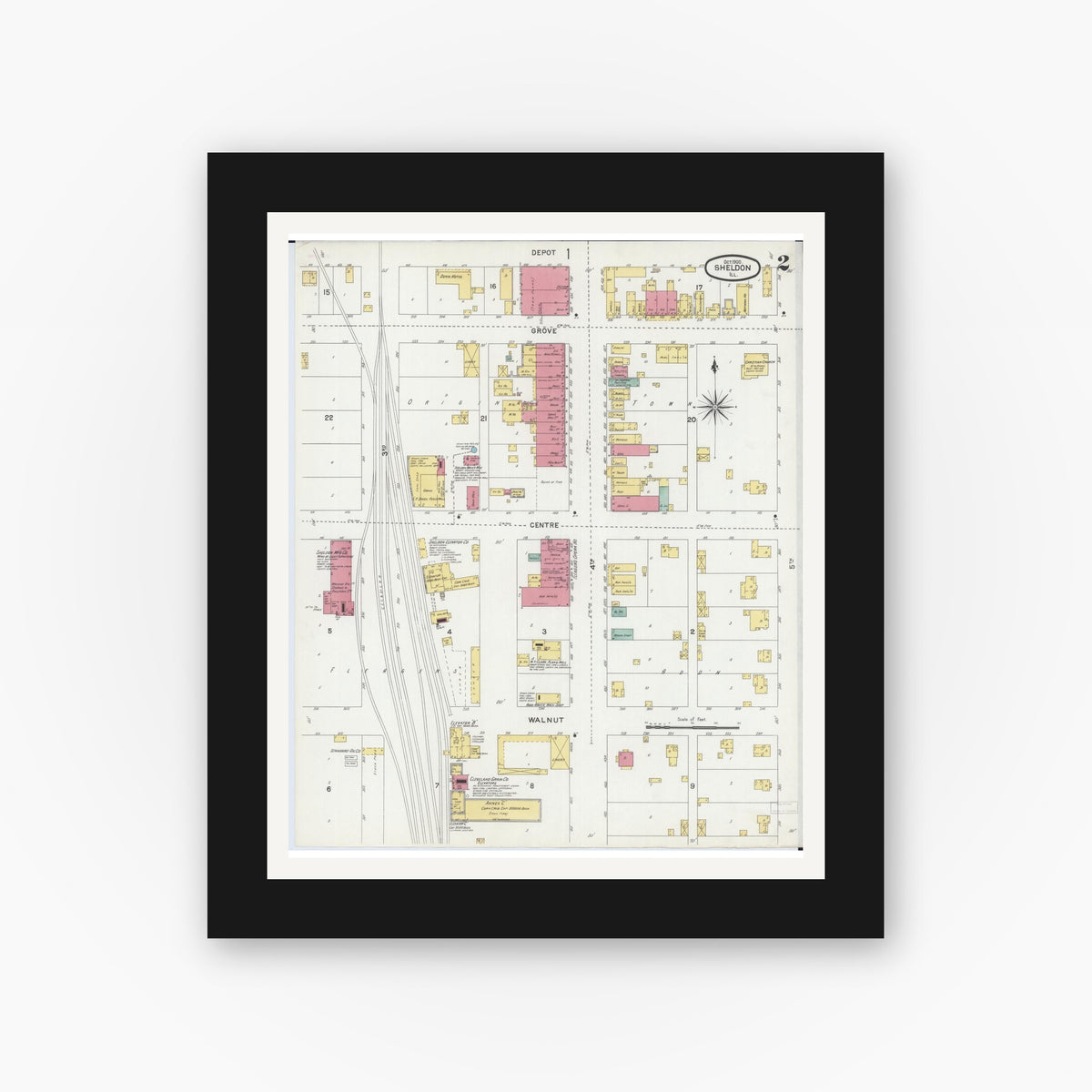 Old map wall art mockup — black gallery frame with white mat — Sanborn Fire Insurance Map from Sheldon, Iroquois County, Illinois (1900), Sheet #0002