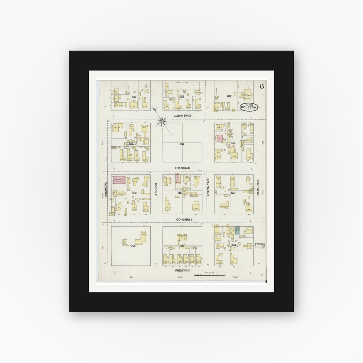 Old map wall art mockup — black gallery frame with white mat — Sanborn Fire Insurance Map from Houston, Harris County, Texas (1890), Sheet #0006