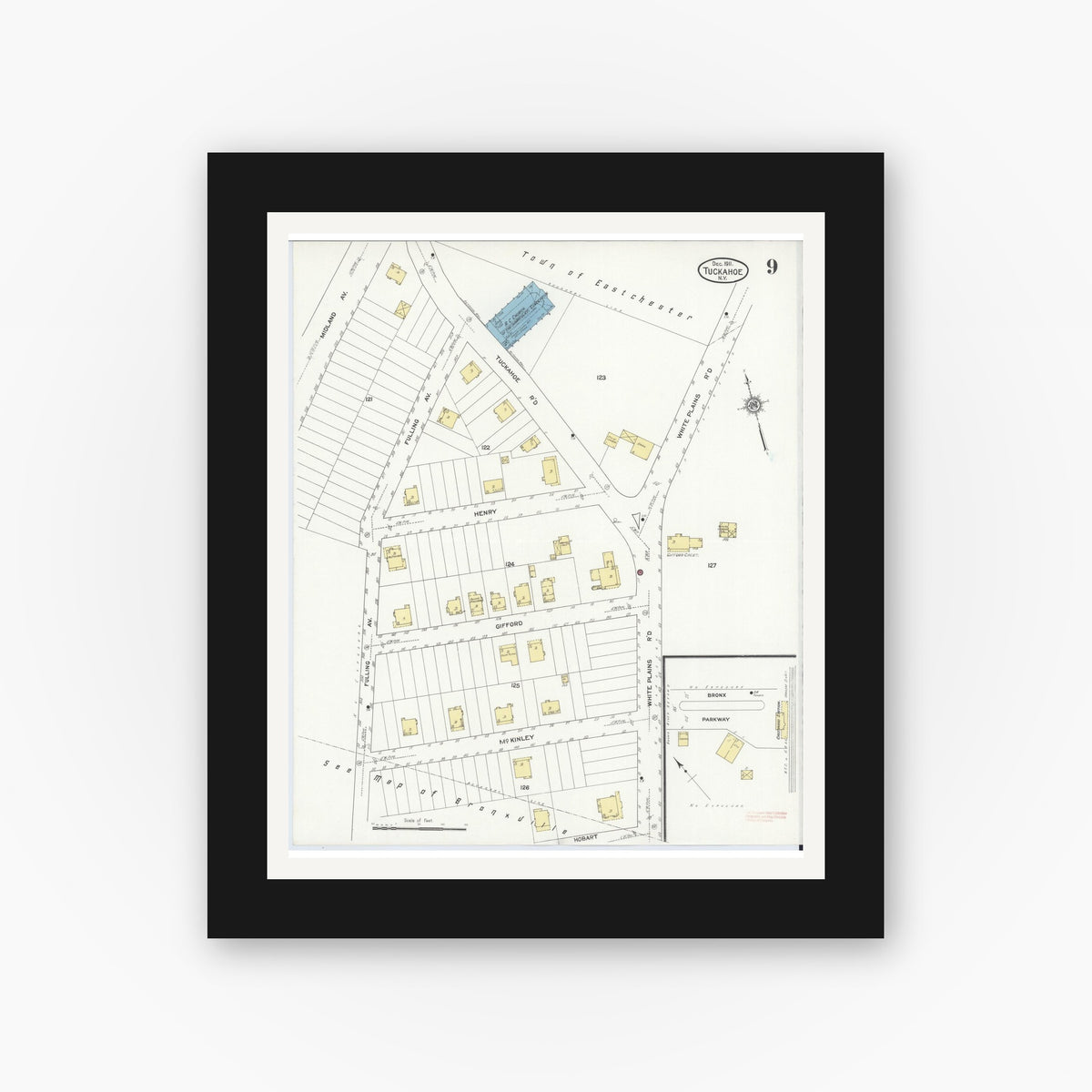 Old map wall art mockup — black gallery frame with white mat — Sanborn Fire Insurance Map from Tuckahoe, Westchester County, New York (1911), Sheet #0009
