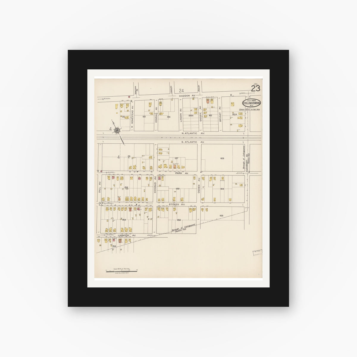 Old map wall art mockup — black gallery frame with white mat — Sanborn Fire Insurance Map from Collingswood, Camden County, New Jersey (1922), Sheet #0023