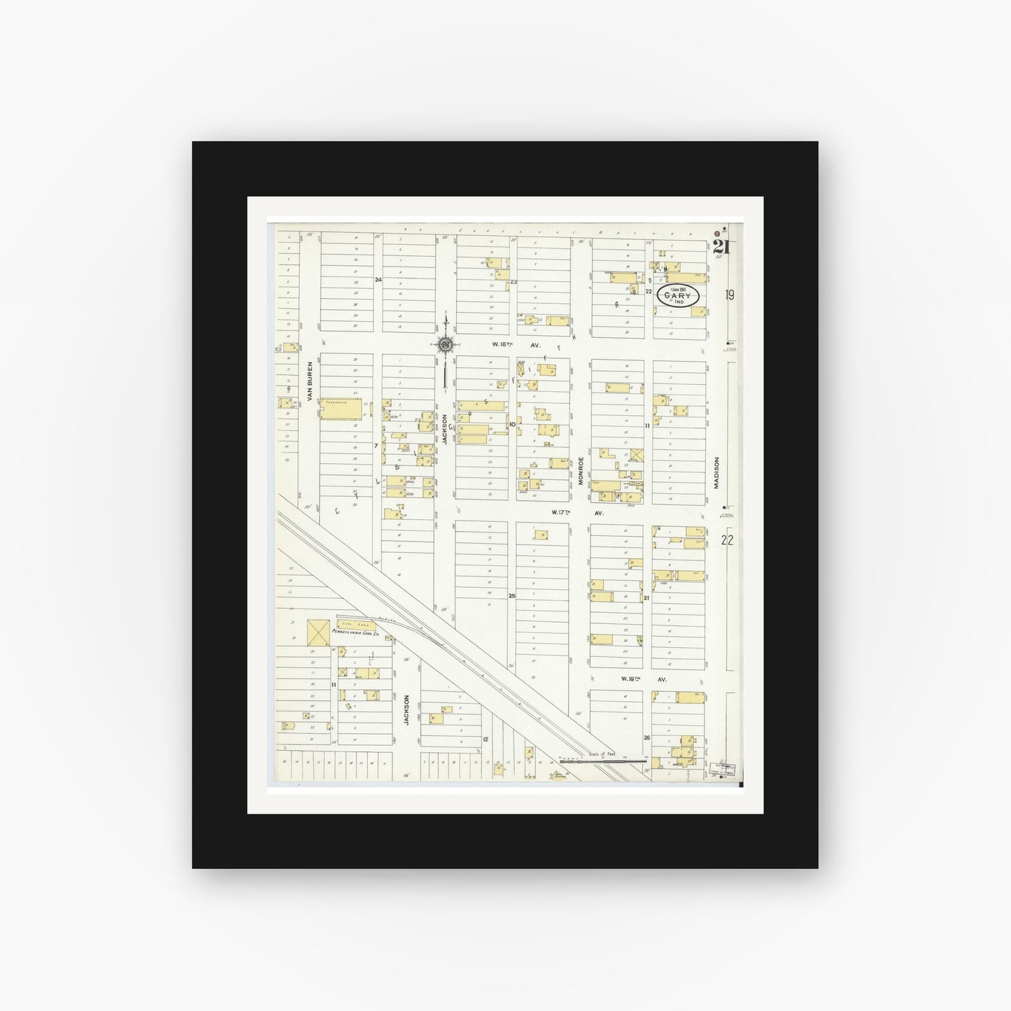 Old map wall art mockup β black gallery frame with white mat β Sanborn Fire Insurance Map from Gary, Lake County, Indiana (1911), Sheet #0021